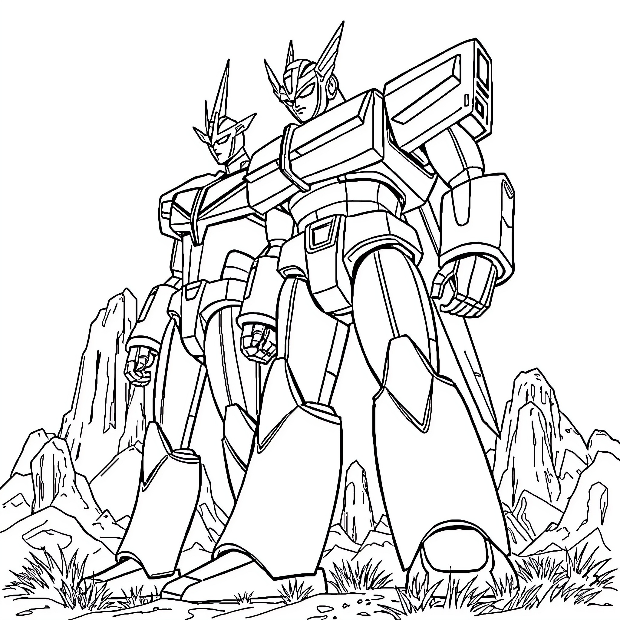 Ultraman Defenders Guarding the Mountain Valley Coloring Page (free black-and-white line drawing printable PDF for all, from beginners to advanced learners, including children, teens, adults, and seniors)