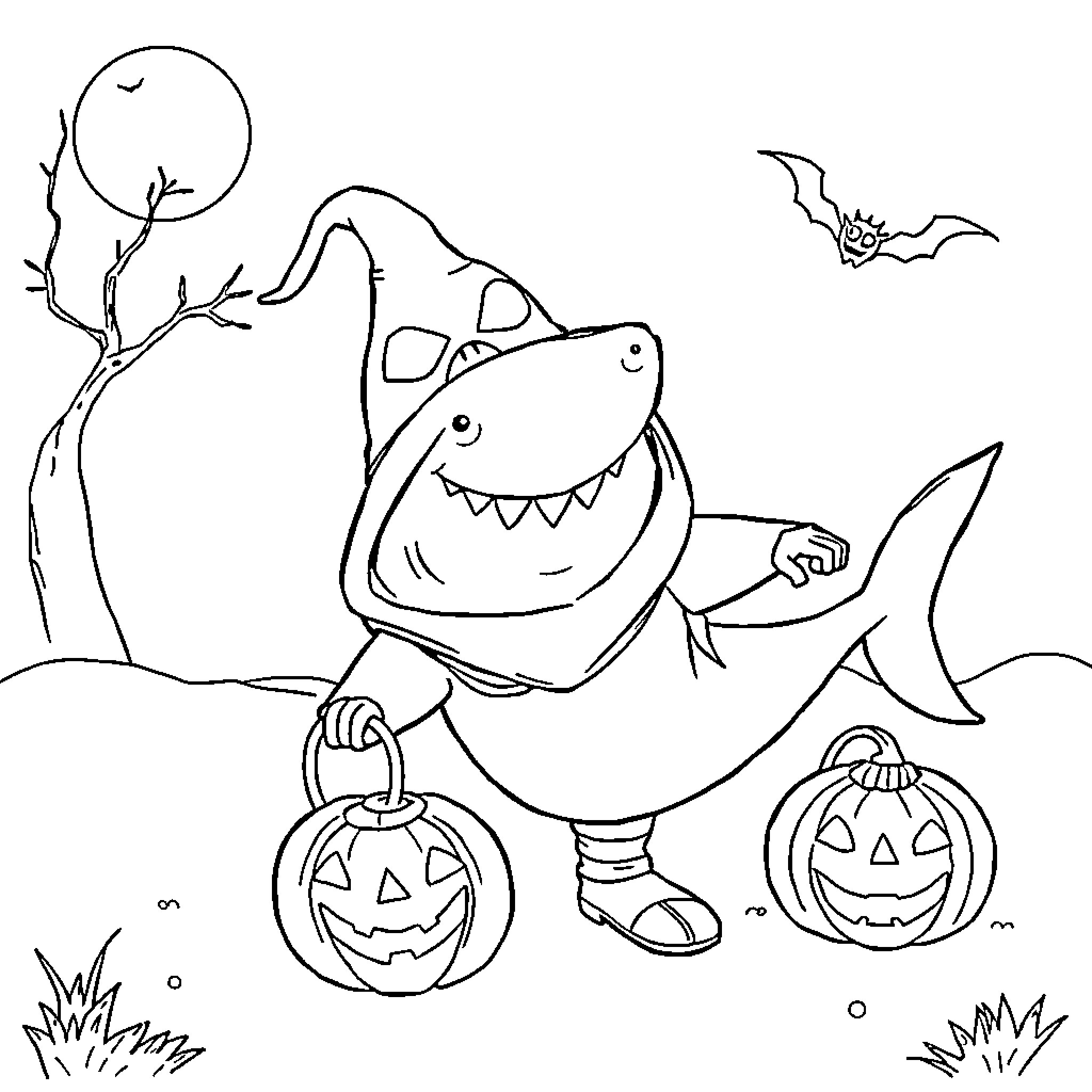Shark going trick-or-treating on Halloween night Coloring Page (free black-and-white line drawing printable PDF for all, from beginners to advanced learners, including children, teens, adults, and seniors)