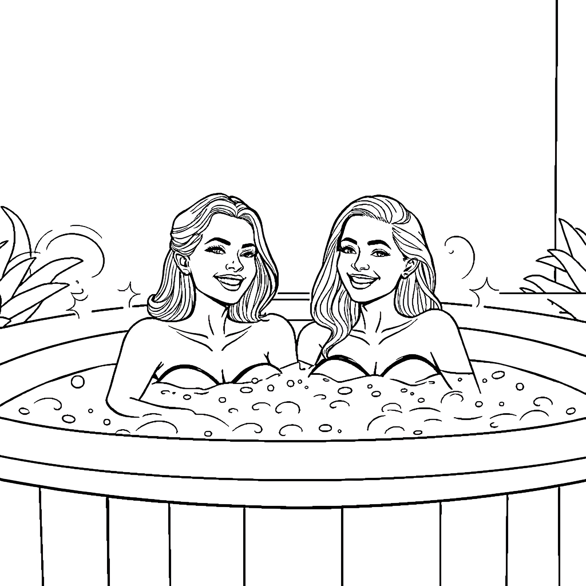 Women relaxing in a spa pool Coloring Page (free black-and-white line drawing printable PDF for all, from beginners to advanced learners, including children, teens, adults, and seniors)
