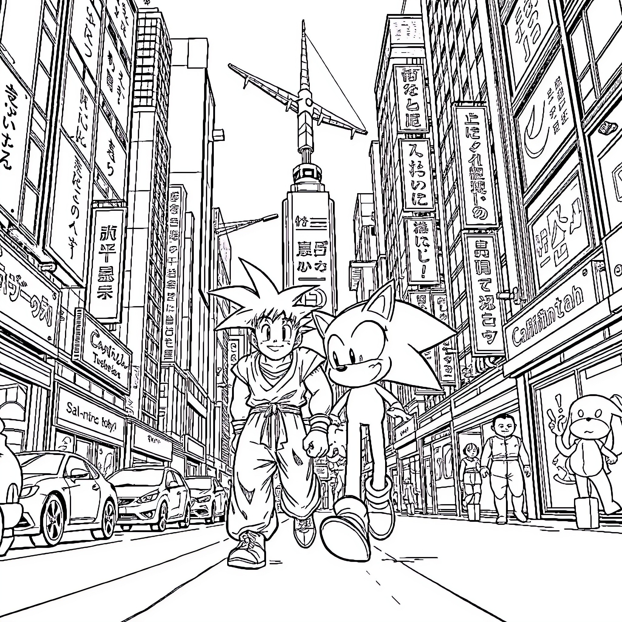 Goku and Sonic exploring the bustling city streets Coloring Page (free black-and-white line drawing printable PDF for all, from beginners to advanced learners, including children, teens, adults, and seniors)