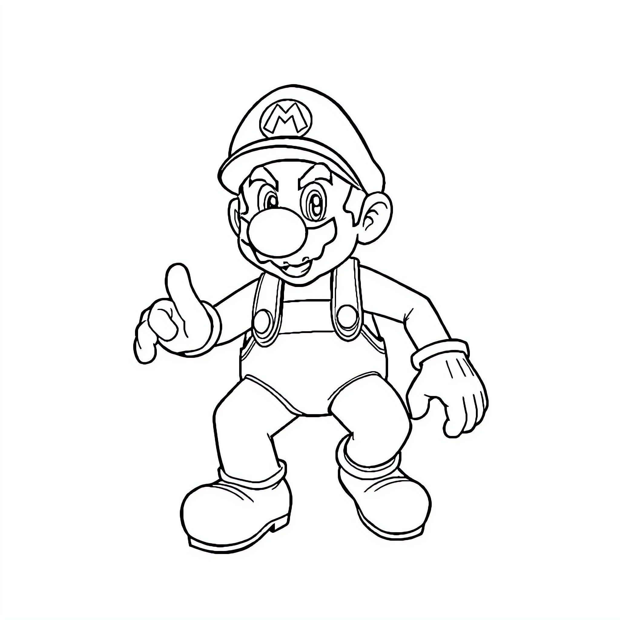 Mario in Action Pose with Signature Overalls Coloring Page (free black-and-white line drawing printable PDF for all, from beginners to advanced learners, including children, teens, adults, and seniors)