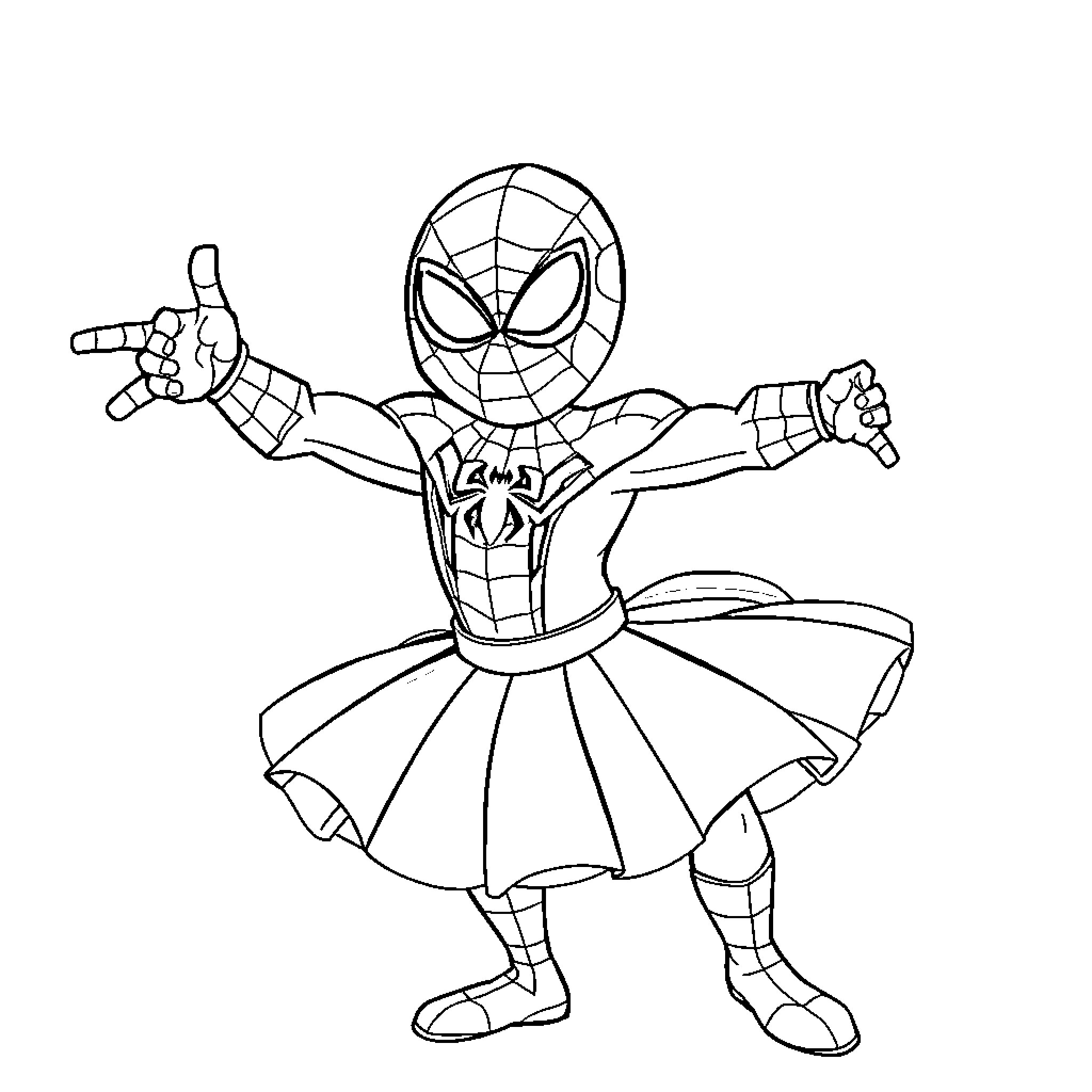 Spiderman in action-packed pose Coloring Page (free black-and-white line drawing printable PDF for all, from beginners to advanced learners, including children, teens, adults, and seniors)