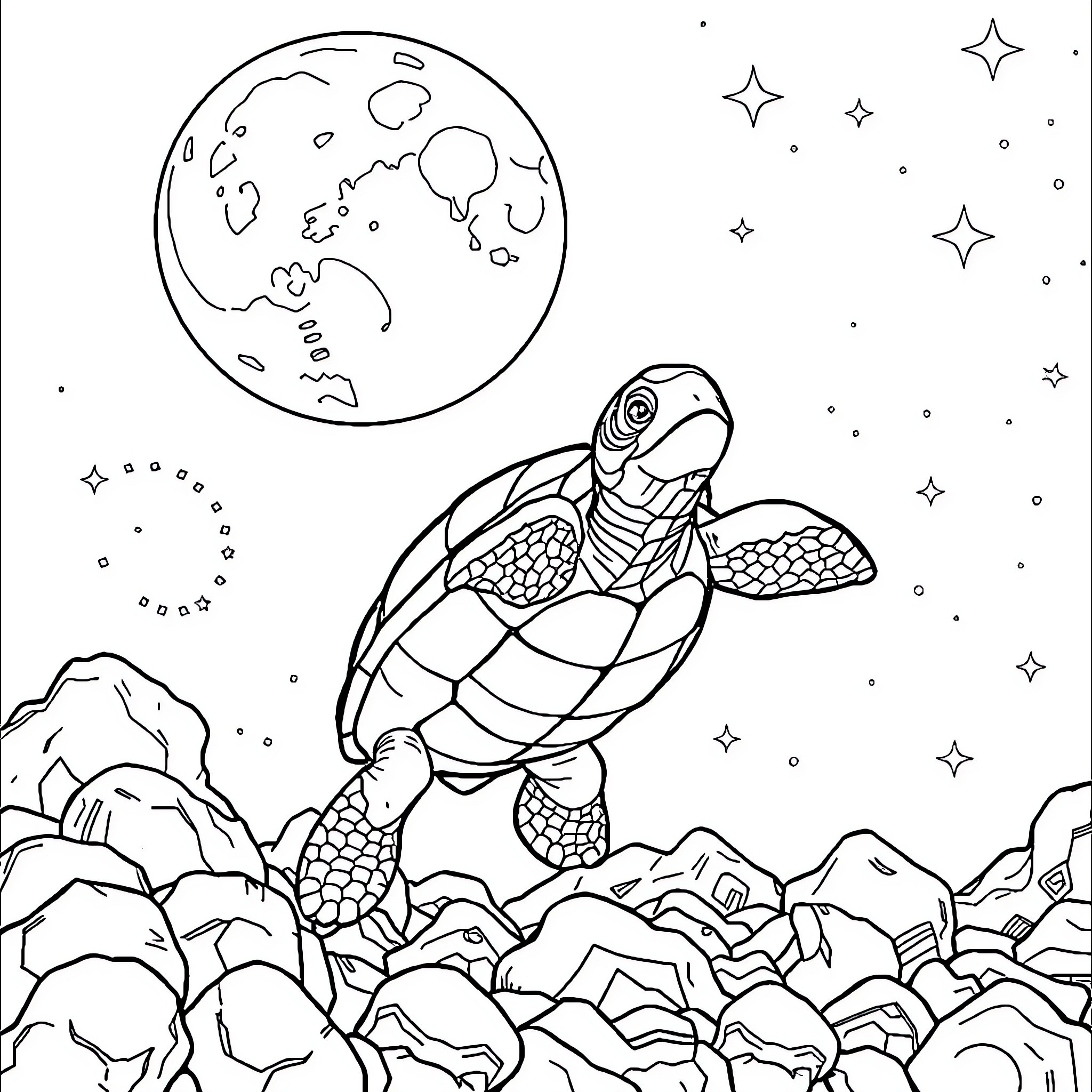 Tortuga swimming in the starry night sky Coloring Page (free black-and-white line drawing printable PDF for all, from beginners to advanced learners, including children, teens, adults, and seniors)
