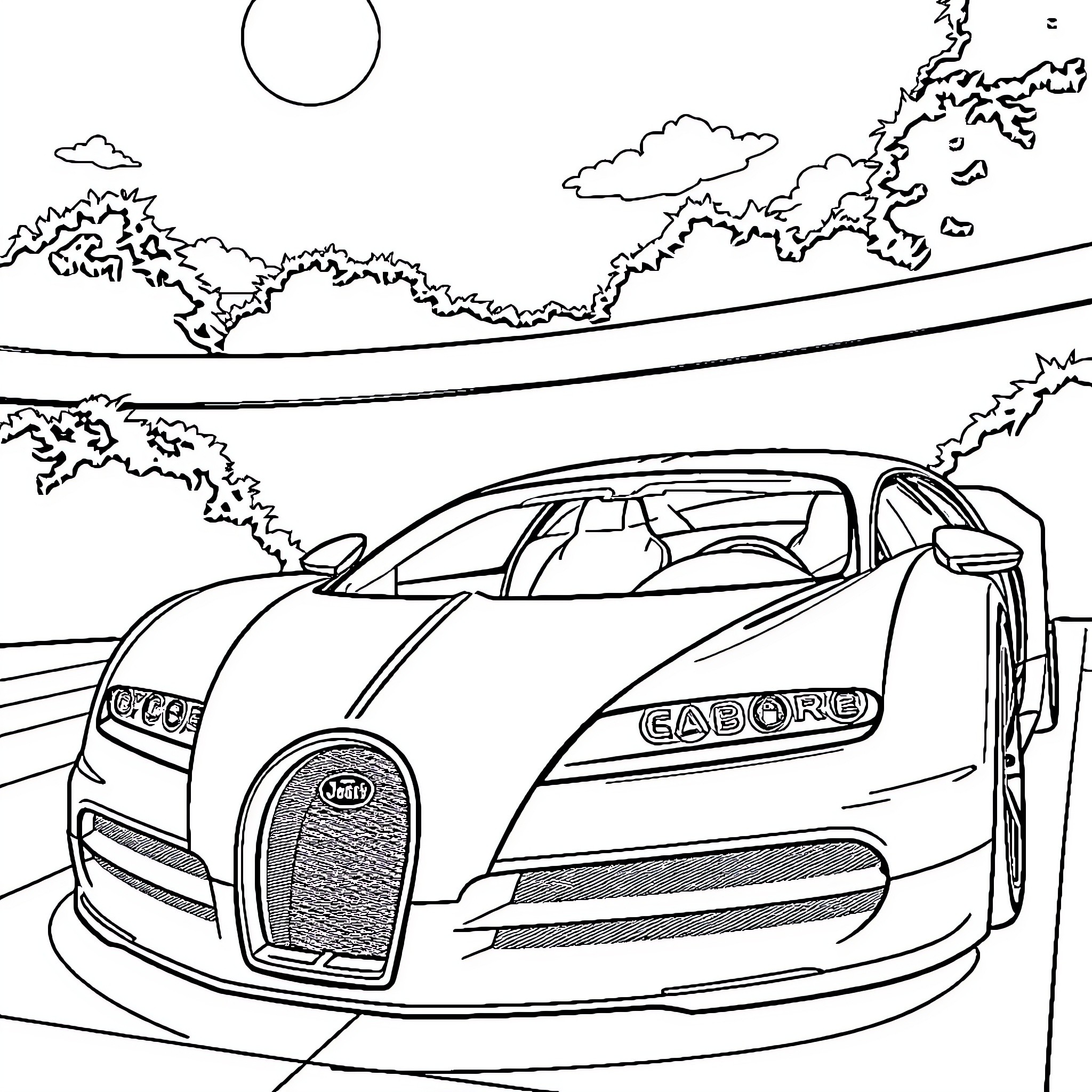 Bugatti sports car speeding through scenic landscape Coloring Page (free black-and-white line drawing printable PDF for all, from beginners to advanced learners, including children, teens, adults, and seniors)