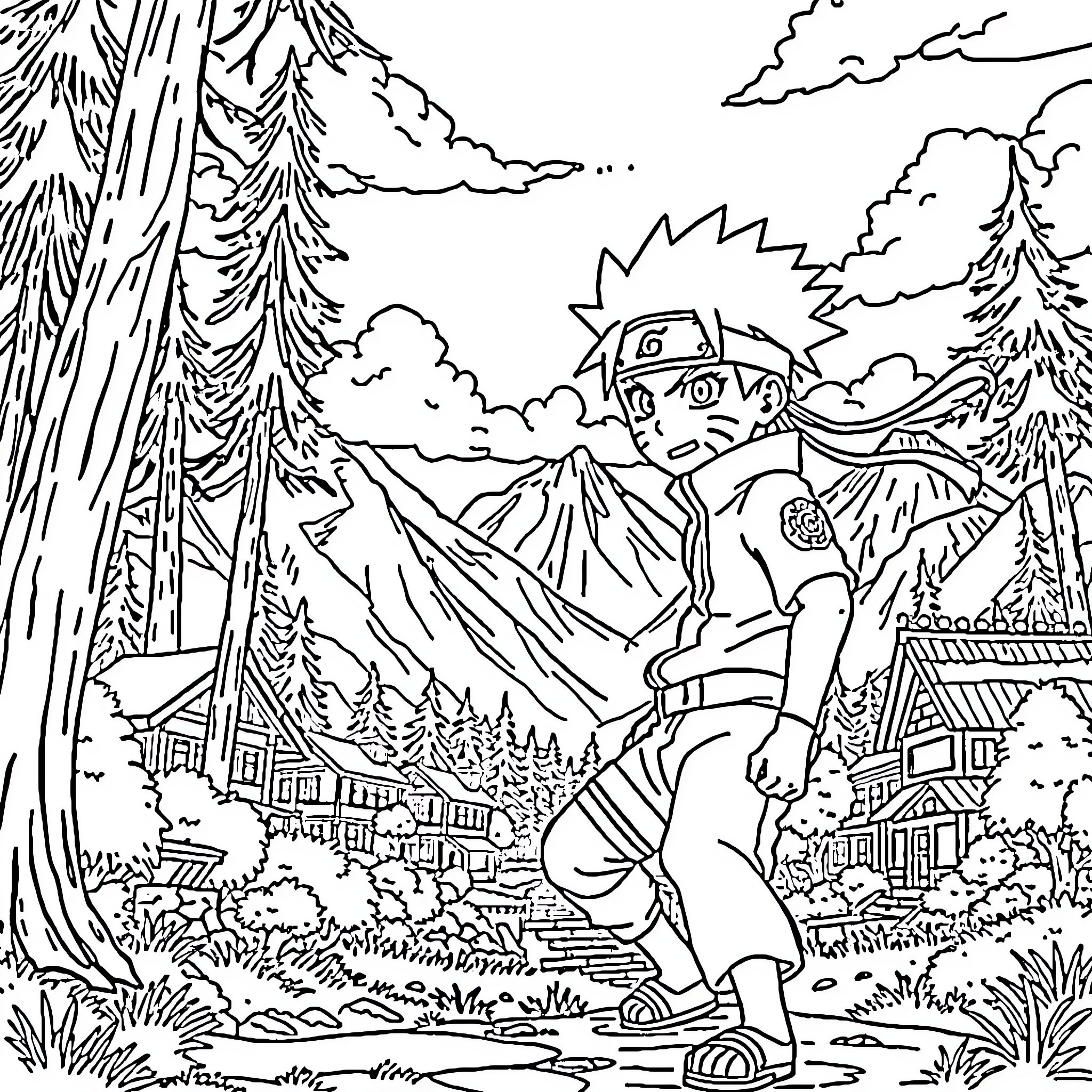 Naruto exploring the scenic mountain village Coloring Page (free black-and-white line drawing printable PDF for all, from beginners to advanced learners, including children, teens, adults, and seniors)