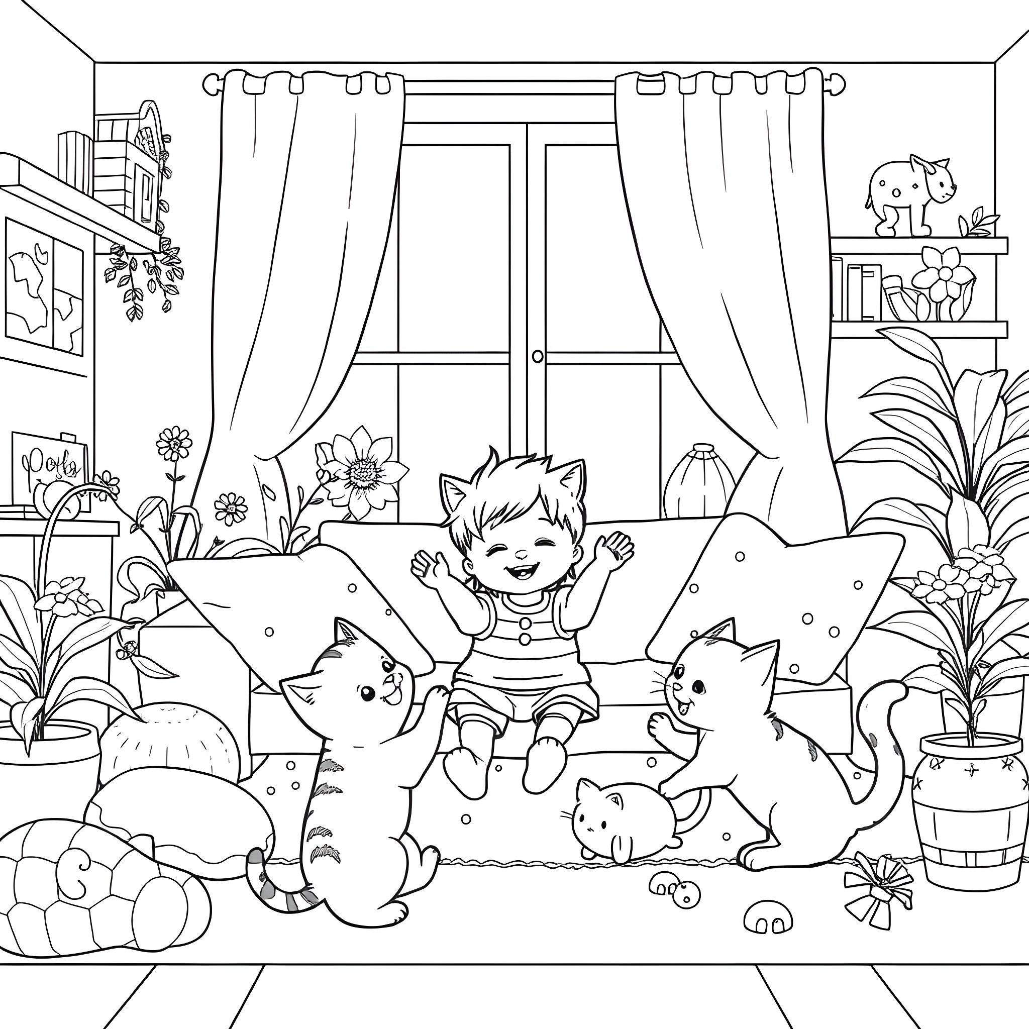 Kitty cats and kid playing joyfully in the room Coloring Page (free black-and-white line drawing printable PDF for all, from beginners to advanced learners, including children, teens, adults, and seniors)