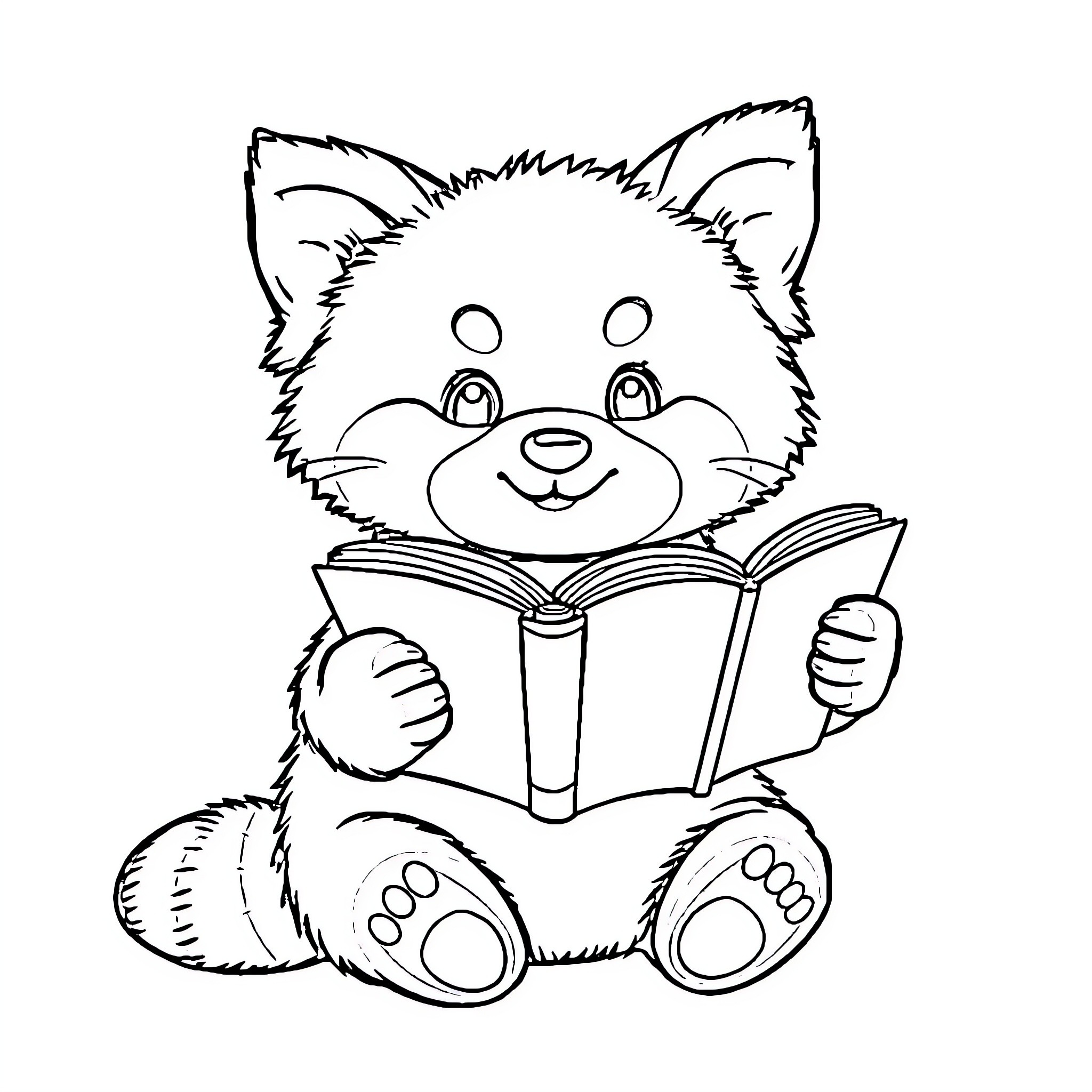 Panda reading a book happily Coloring Page (free black-and-white line drawing printable PDF for all, from beginners to advanced learners, including children, teens, adults, and seniors)