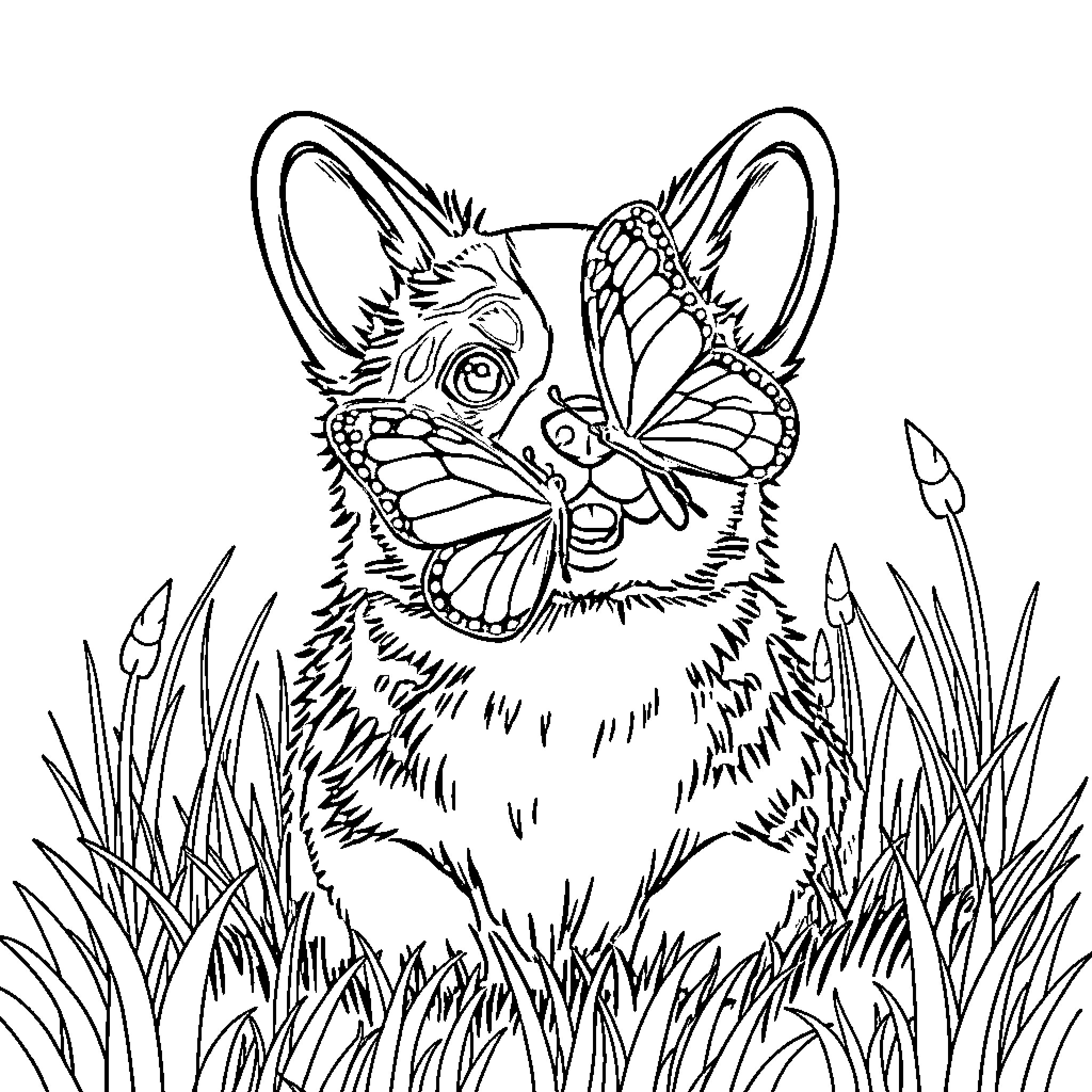 Corgi with Butterfly in Grassy Field Coloring Page (free black-and-white line drawing printable PDF for all, from beginners to advanced learners, including children, teens, adults, and seniors)