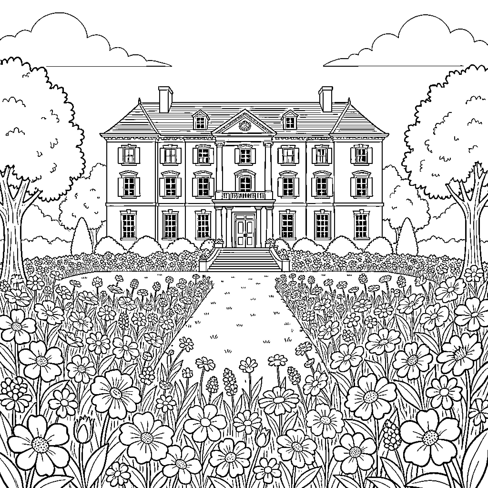 Mansion standing grandly behind a lush flower garden Coloring Page (free black-and-white line drawing printable PDF for all, from beginners to advanced learners, including children, teens, adults, and seniors)