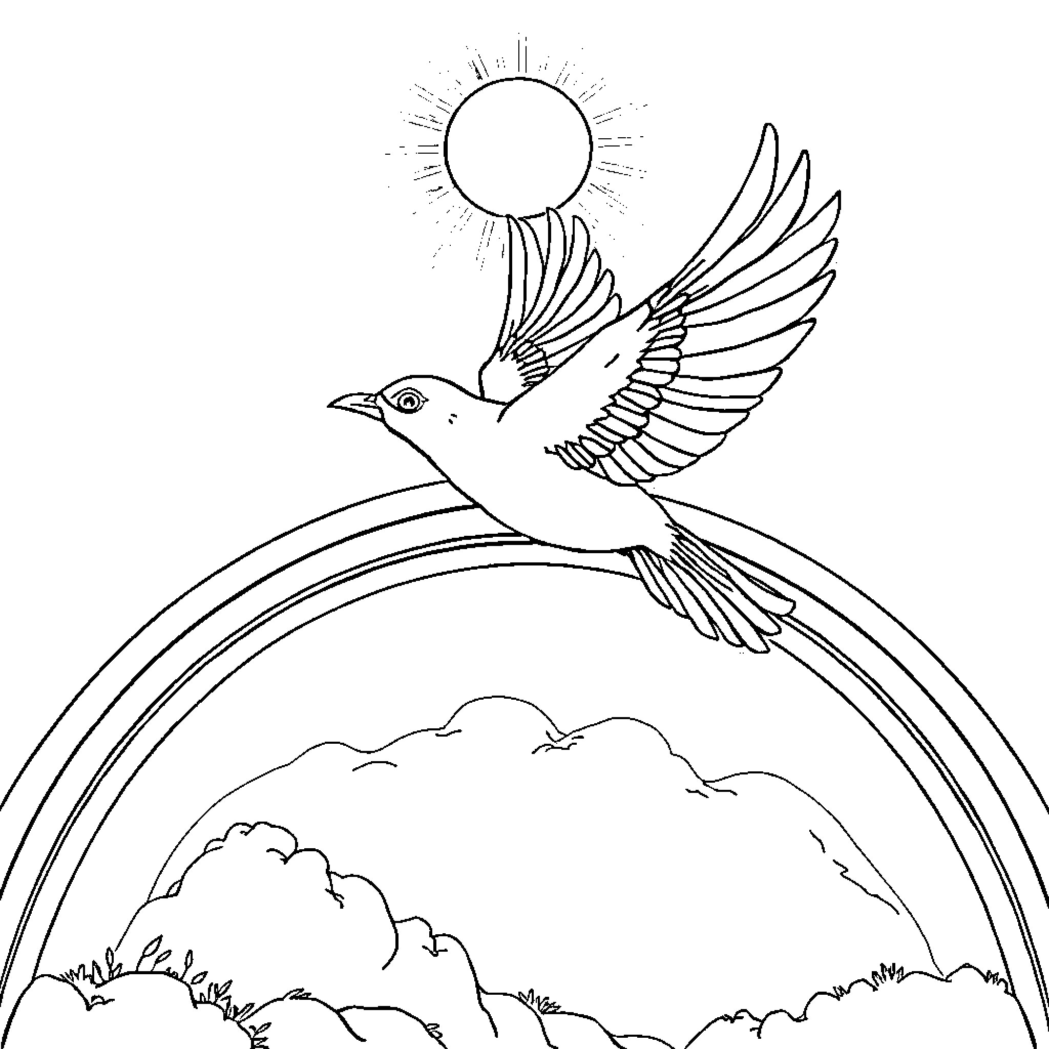 Bird flying freely with sun in the sky Coloring Page (free black-and-white line drawing printable PDF for all, from beginners to advanced learners, including children, teens, adults, and seniors)