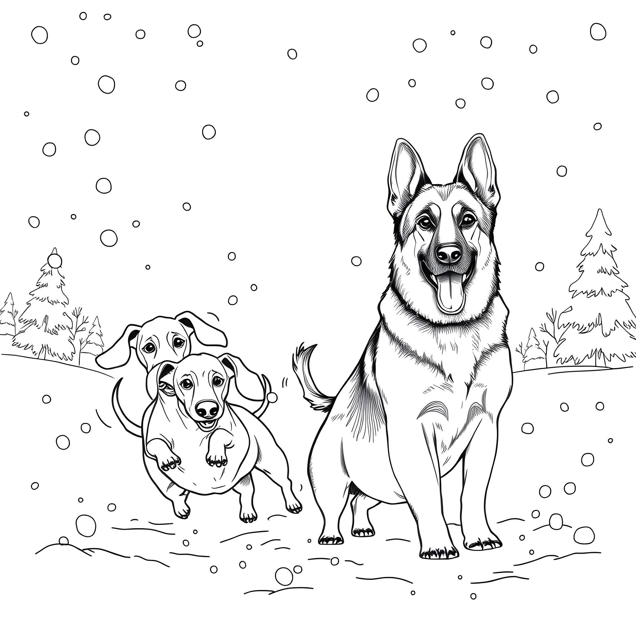 Dachshund and German Shepherd playing in the snow Coloring Page (free black-and-white line drawing printable PDF for all, from beginners to advanced learners, including children, teens, adults, and seniors)