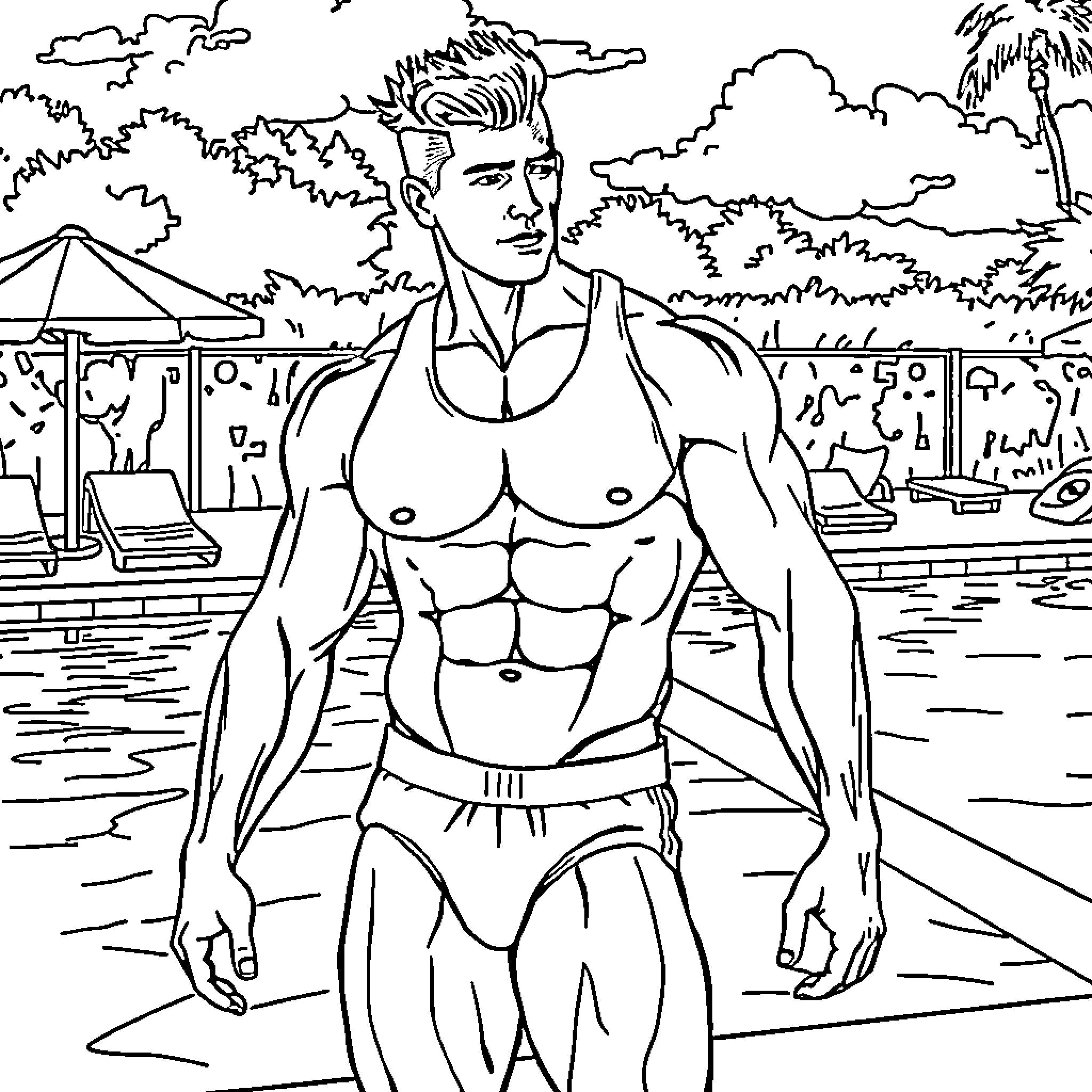 Man with muscular build at the beach Coloring Page (free black-and-white line drawing printable PDF for all, from beginners to advanced learners, including children, teens, adults, and seniors)