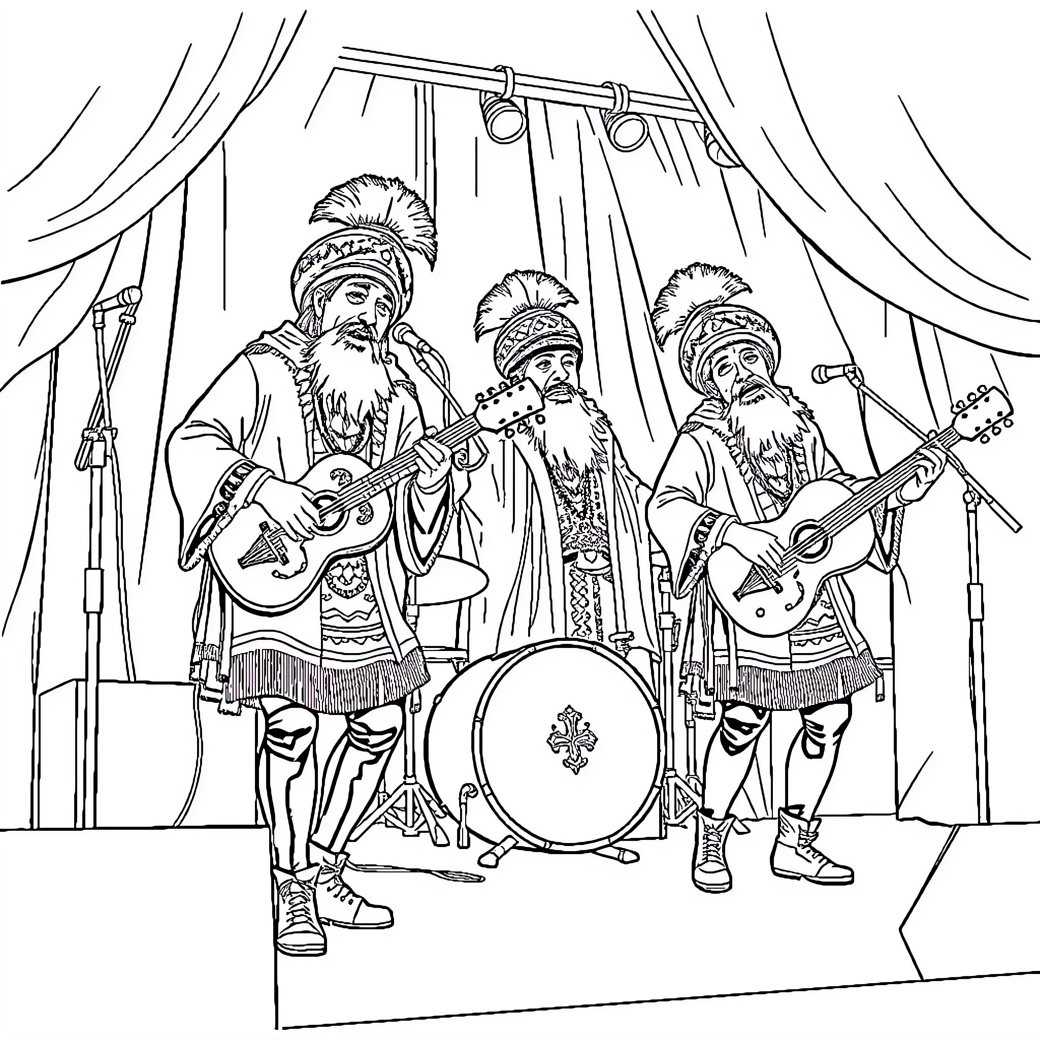 Dschinghis Khan performing on stage with traditional instruments Coloring Page (free black-and-white line drawing printable PDF for all, from beginners to advanced learners, including children, teens, adults, and seniors)