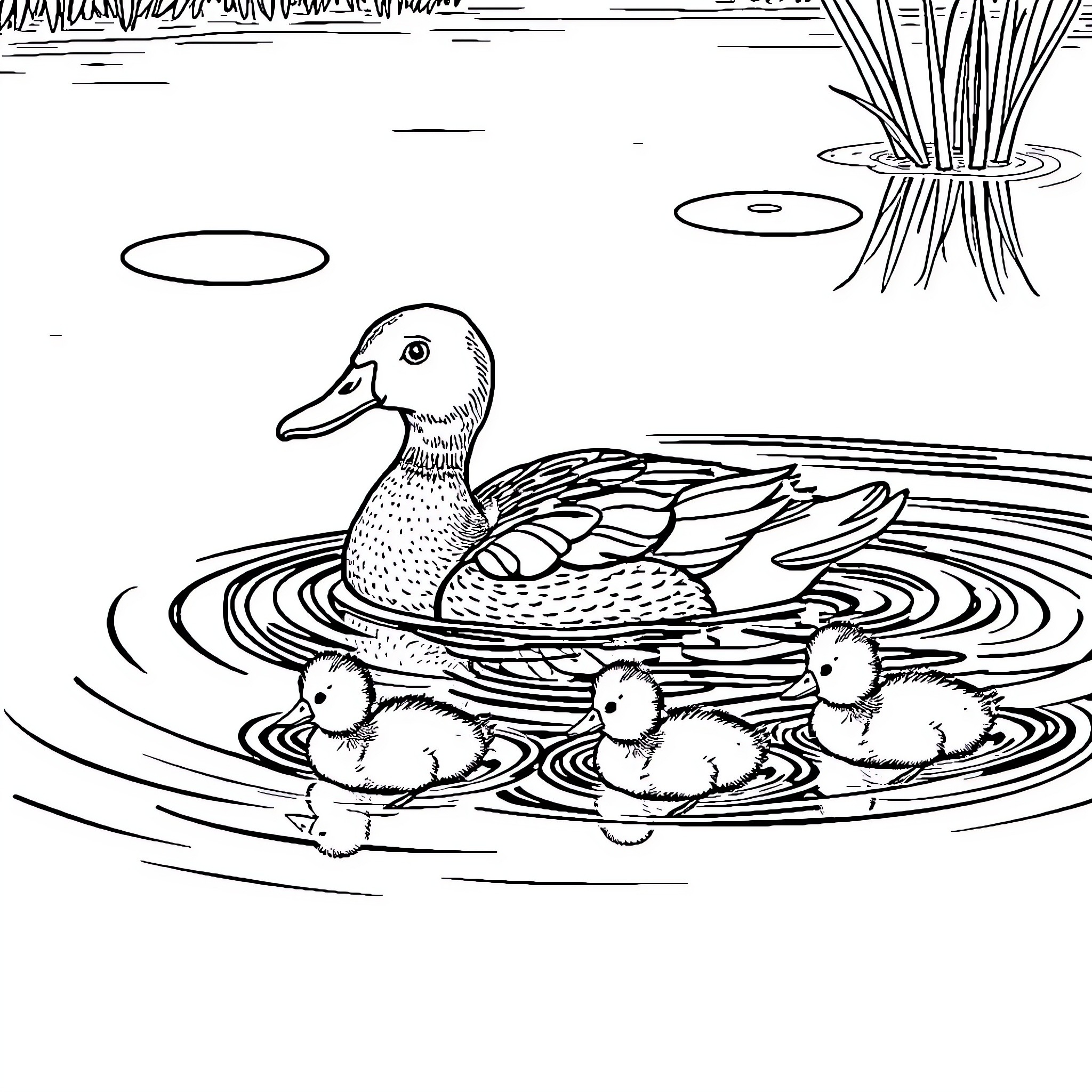 Duck swimming with ducklings in the pond Coloring Page (free black-and-white line drawing printable PDF for all, from beginners to advanced learners, including children, teens, adults, and seniors)