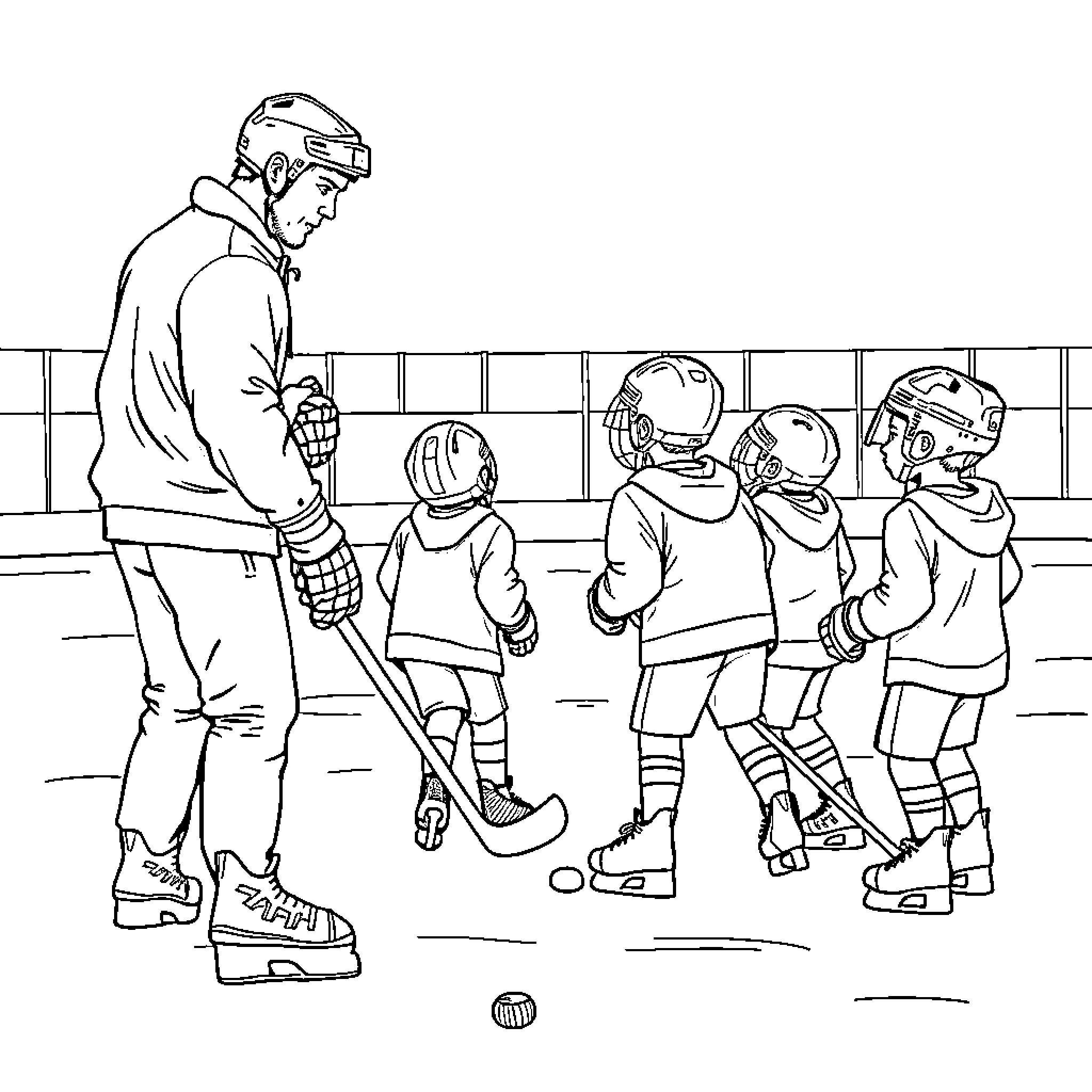 Hockey Dad Coaching Young Players on the Ice Coloring Page (free black-and-white line drawing printable PDF for all, from beginners to advanced learners, including children, teens, adults, and seniors)