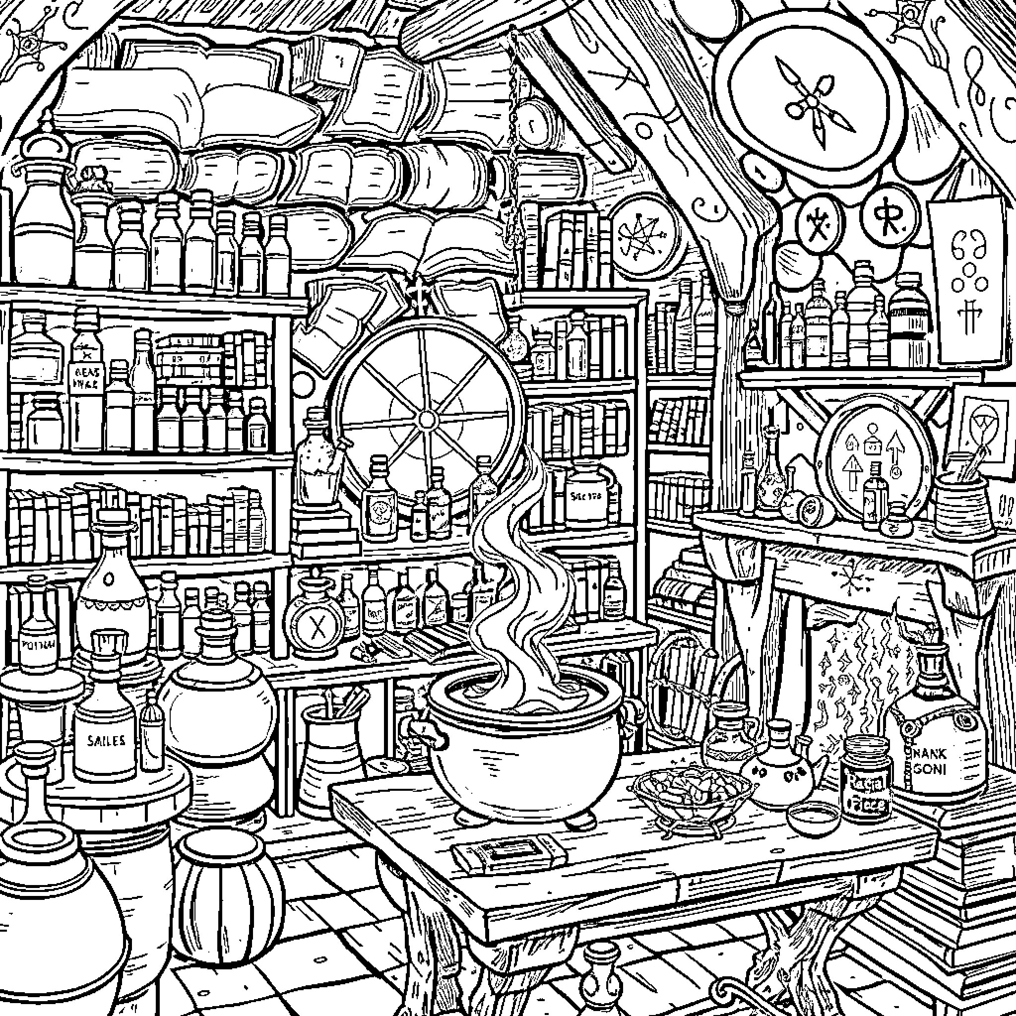 Wizard's Mysterious Apothecary Abode Coloring Page (free black-and-white line drawing printable PDF for all, from beginners to advanced learners, including children, teens, adults, and seniors)
