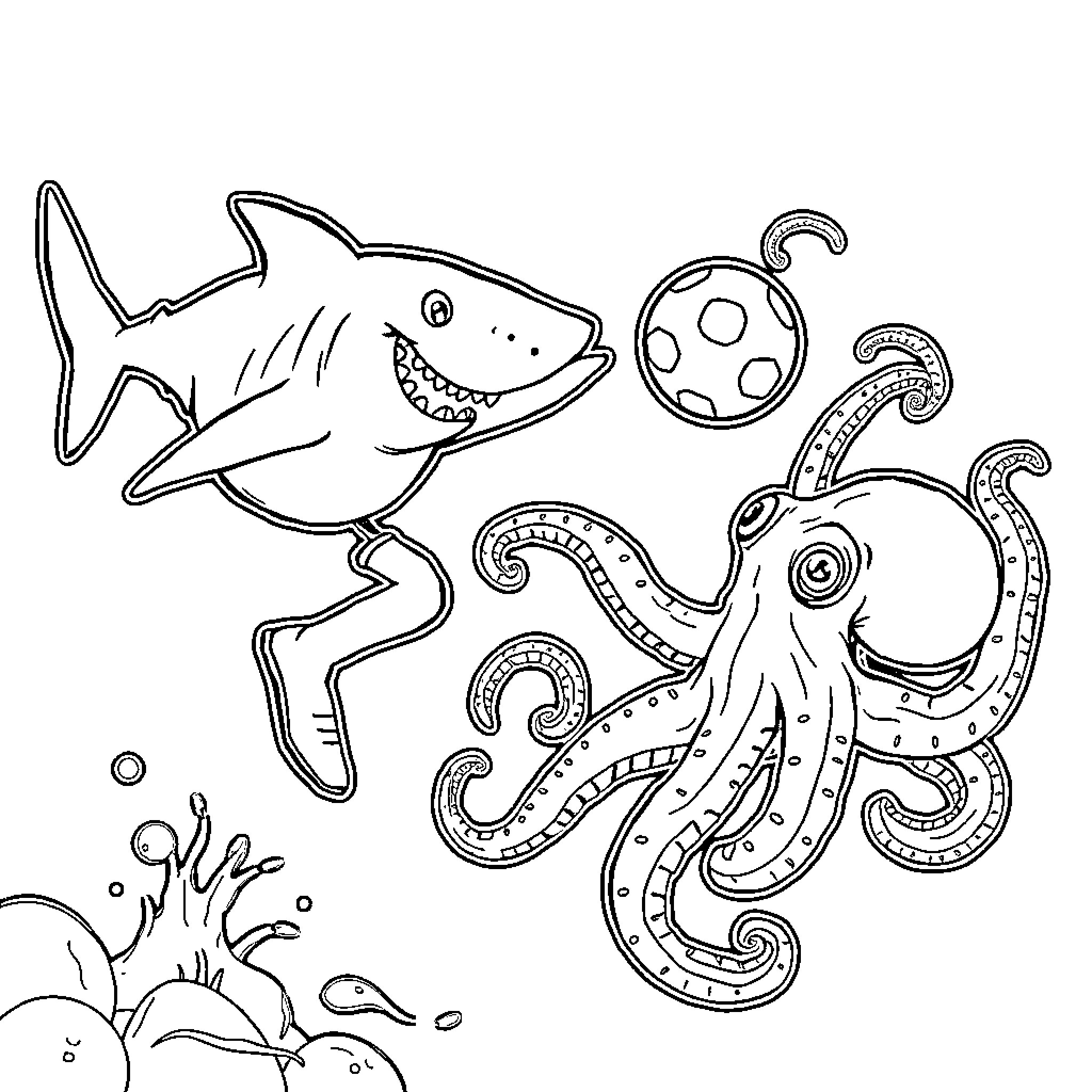 Shark chasing octopus playing with soccer ball Coloring Page (free black-and-white line drawing printable PDF for all, from beginners to advanced learners, including children, teens, adults, and seniors)
