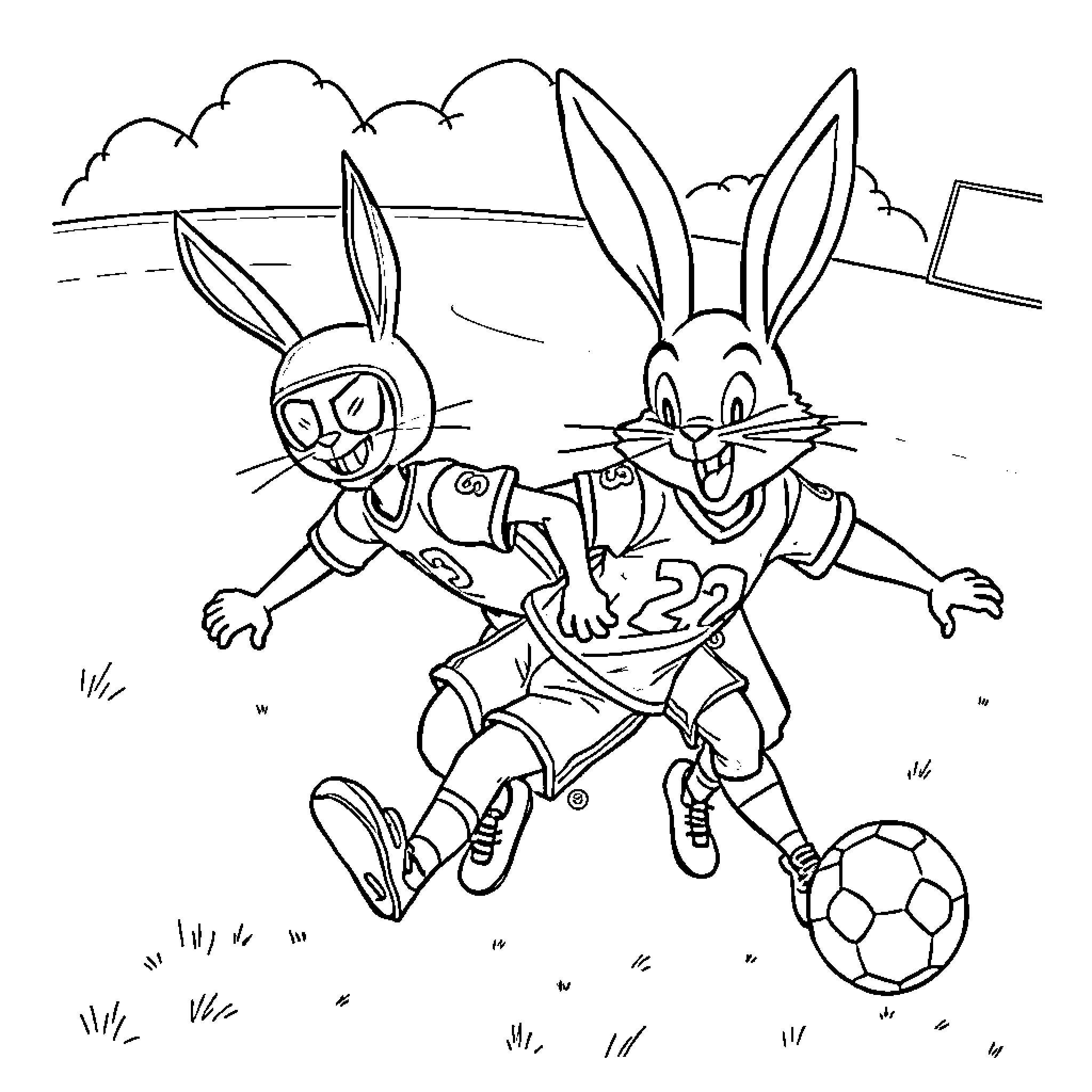 Bunny rabbits playing soccer in the park Coloring Page (free black-and-white line drawing printable PDF for all, from beginners to advanced learners, including children, teens, adults, and seniors)