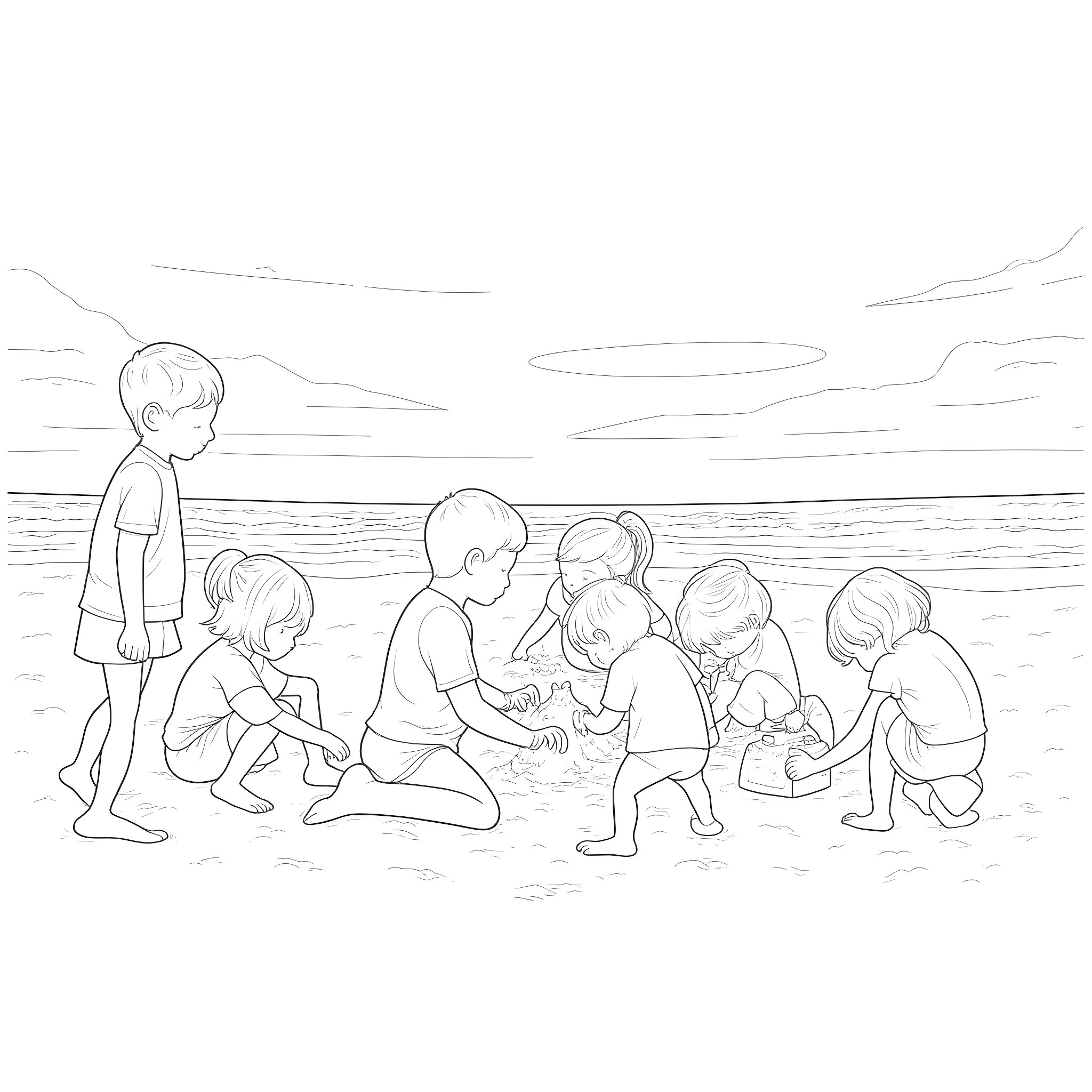 Child playing in the sand with friends on the beach Coloring Page (free black-and-white line drawing printable PDF for all, from beginners to advanced learners, including children, teens, adults, and seniors)