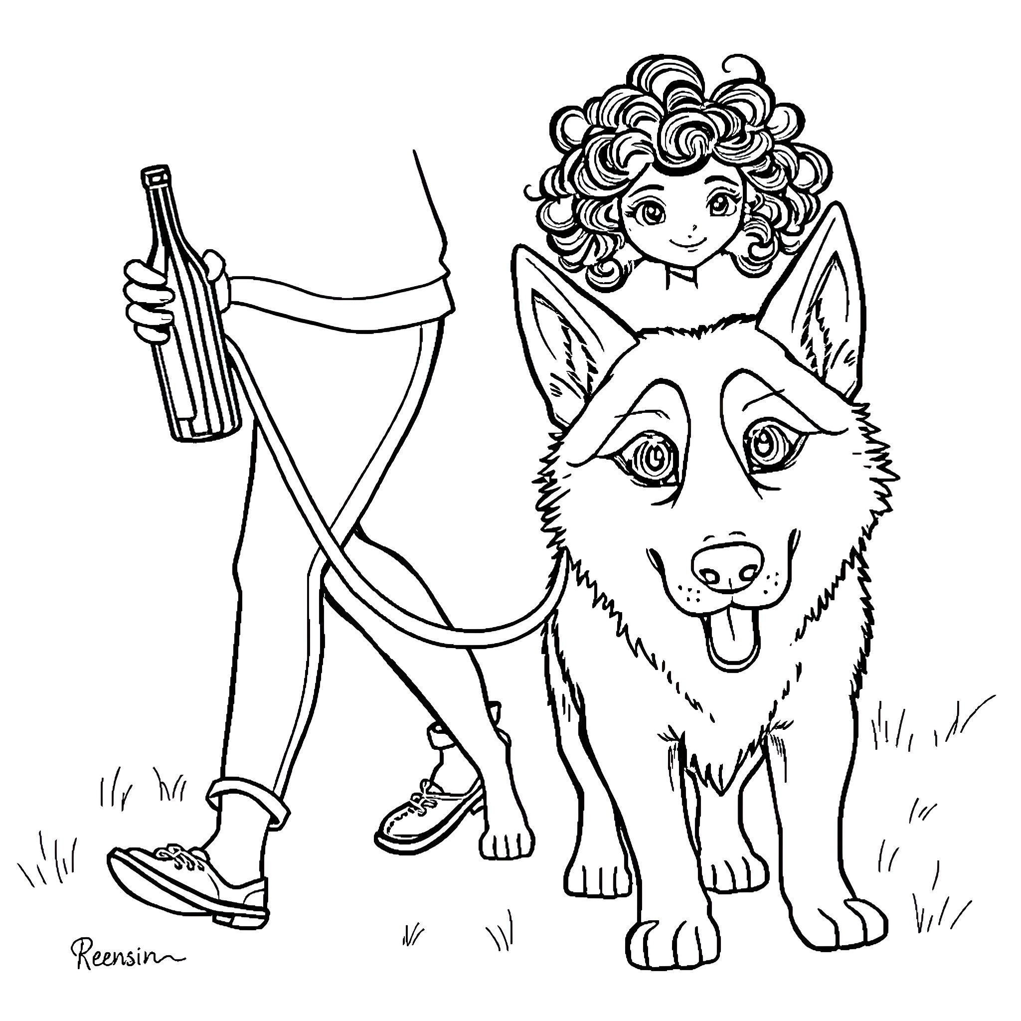Husky companion with musician in field Coloring Page (free black-and-white line drawing printable PDF for all, from beginners to advanced learners, including children, teens, adults, and seniors)