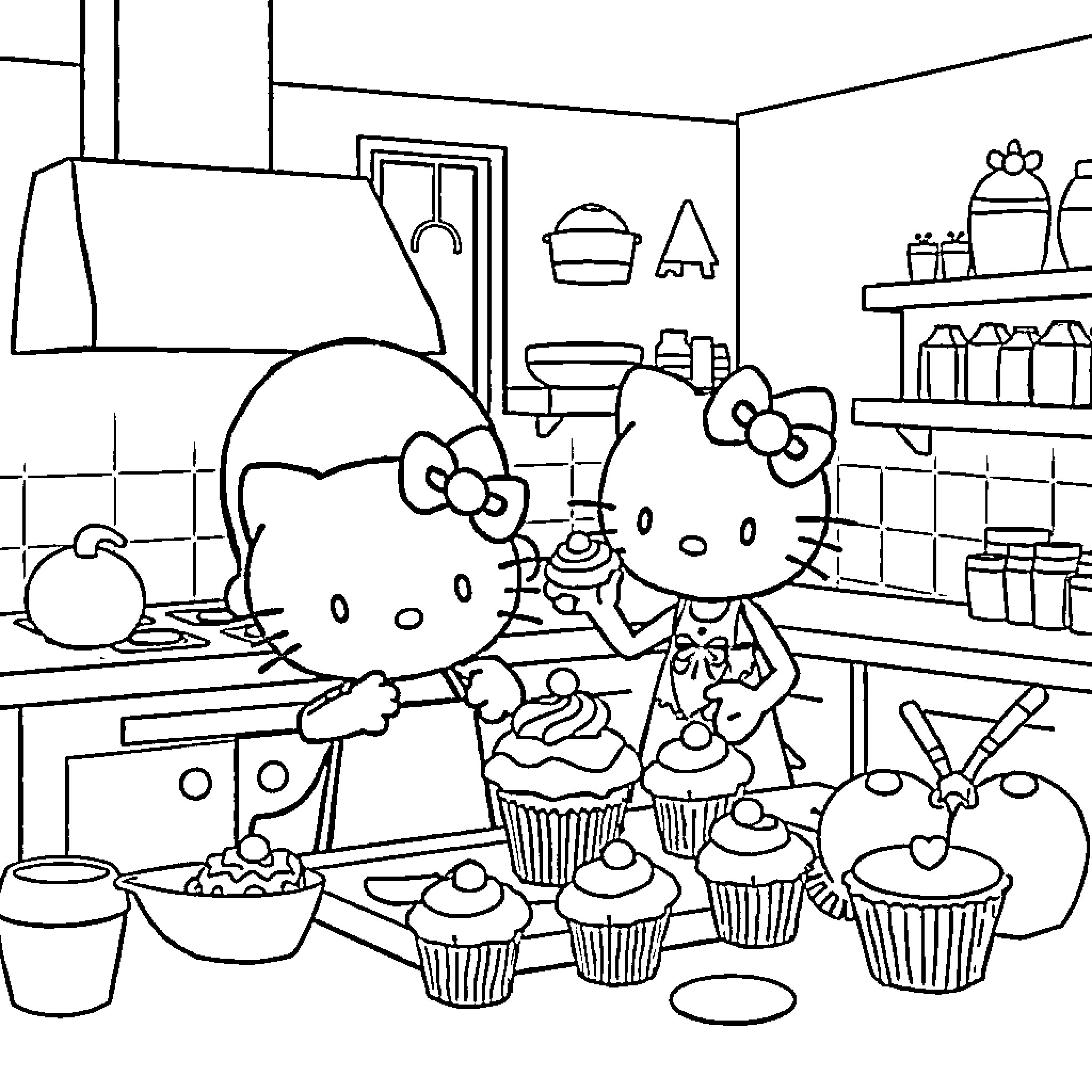 Ghost Spider's Bake Time with Hello Kitty Coloring Page (free black-and-white line drawing printable PDF for all, from beginners to advanced learners, including children, teens, adults, and seniors)