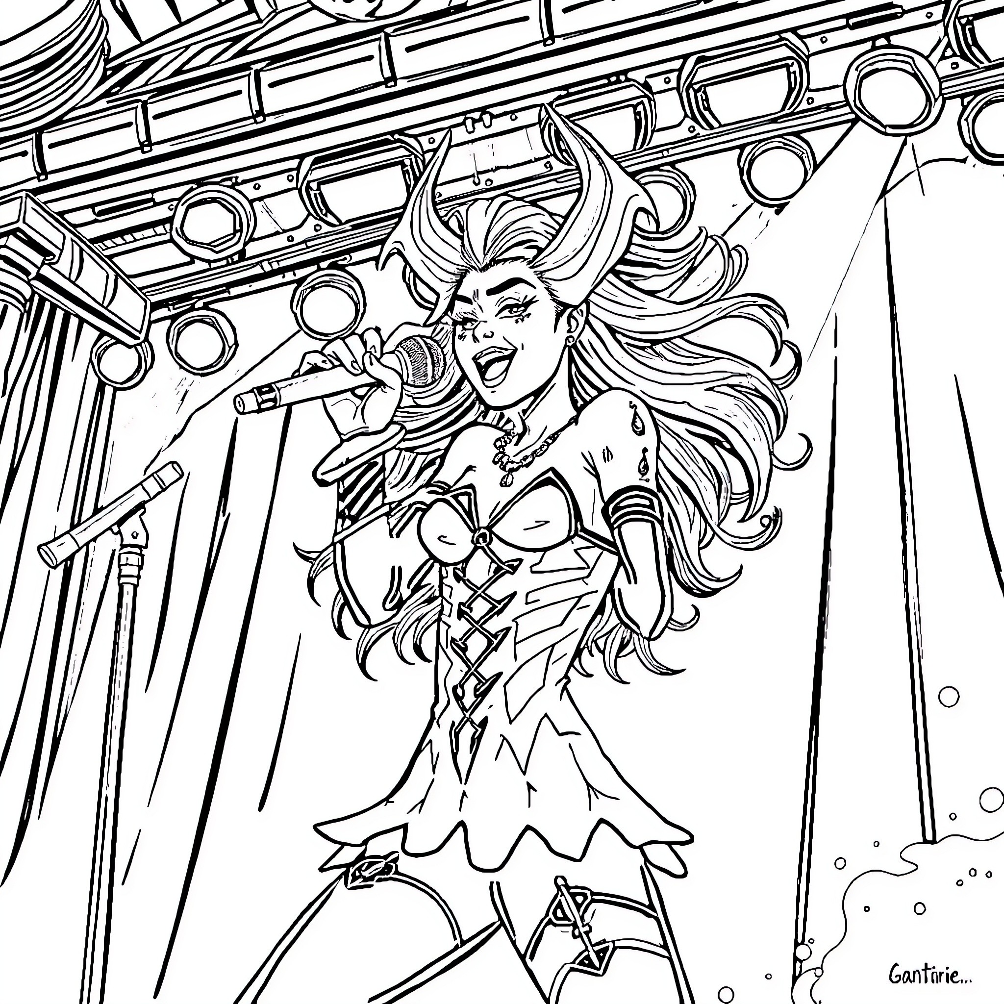 Jinx Performing on Stage with Microphone Coloring Page (free black-and-white line drawing printable PDF for all, from beginners to advanced learners, including children, teens, adults, and seniors)