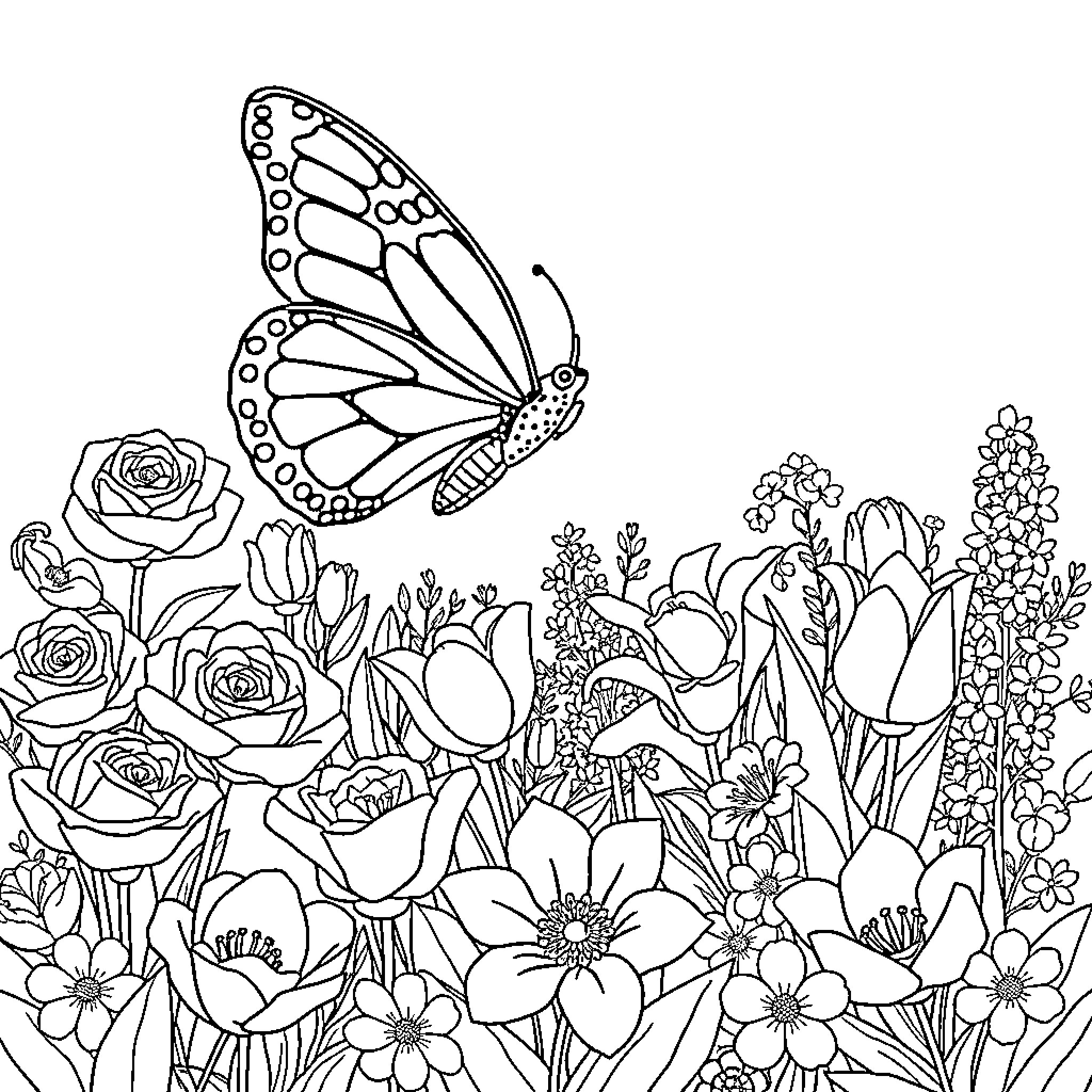 Butterfly amidst a garden of flowers Coloring Page (free black-and-white line drawing printable PDF for all, from beginners to advanced learners, including children, teens, adults, and seniors)