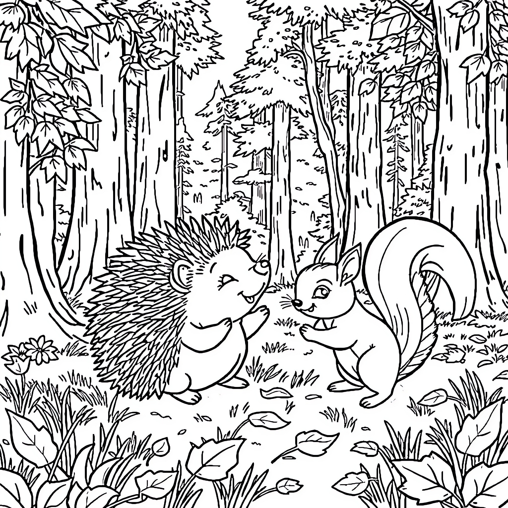 Hedgehog and Squirrel Exploring the Enchanted Forest Coloring Page (free black-and-white line drawing printable PDF for all, from beginners to advanced learners, including children, teens, adults, and seniors)