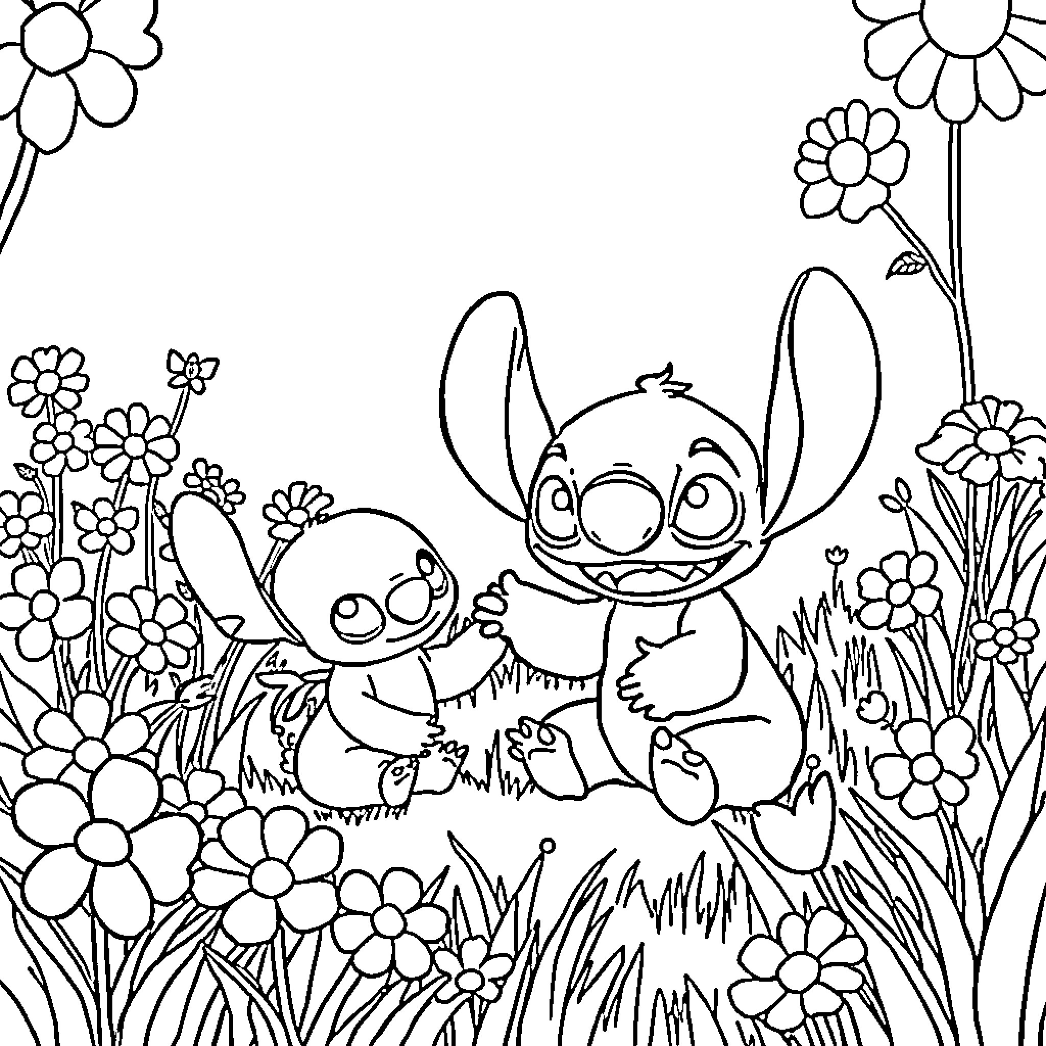 Skye and Stitch playing happily in a floral garden Coloring Page (free black-and-white line drawing printable PDF for all, from beginners to advanced learners, including children, teens, adults, and seniors)