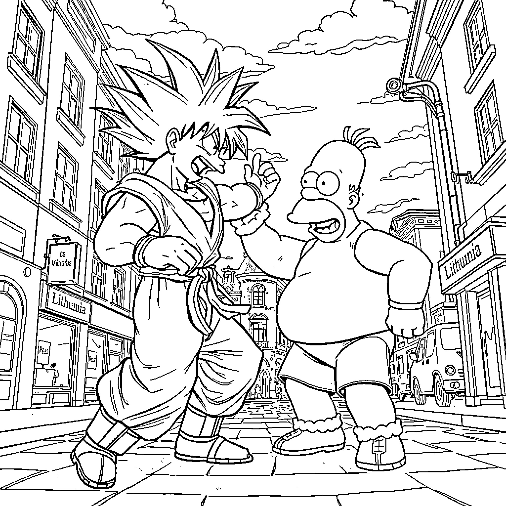 Son Goku fighting with a muscular character in the city Coloring Page (free black-and-white line drawing printable PDF for all, from beginners to advanced learners, including children, teens, adults, and seniors)