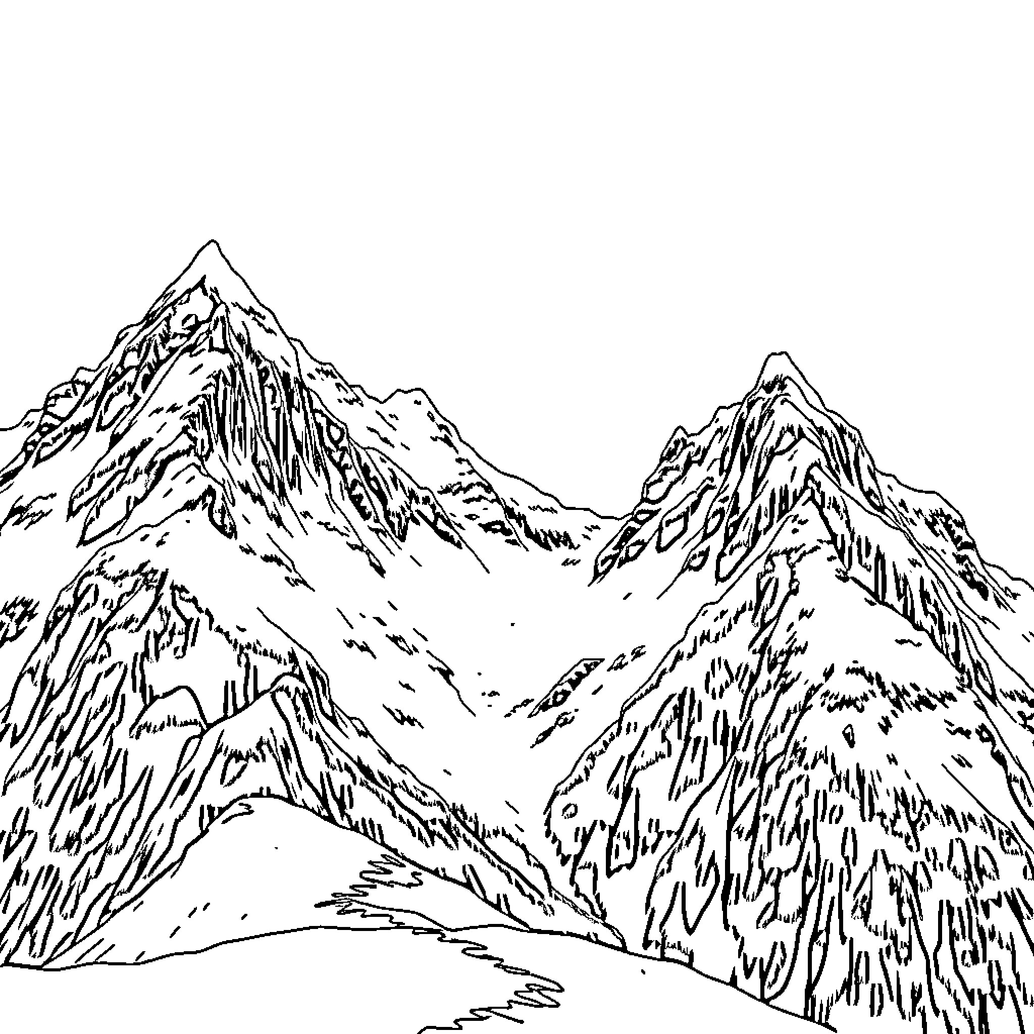Alp Scenery with Majestic Snow-Capped Peaks Coloring Page (free black-and-white line drawing printable PDF for all, from beginners to advanced learners, including children, teens, adults, and seniors)