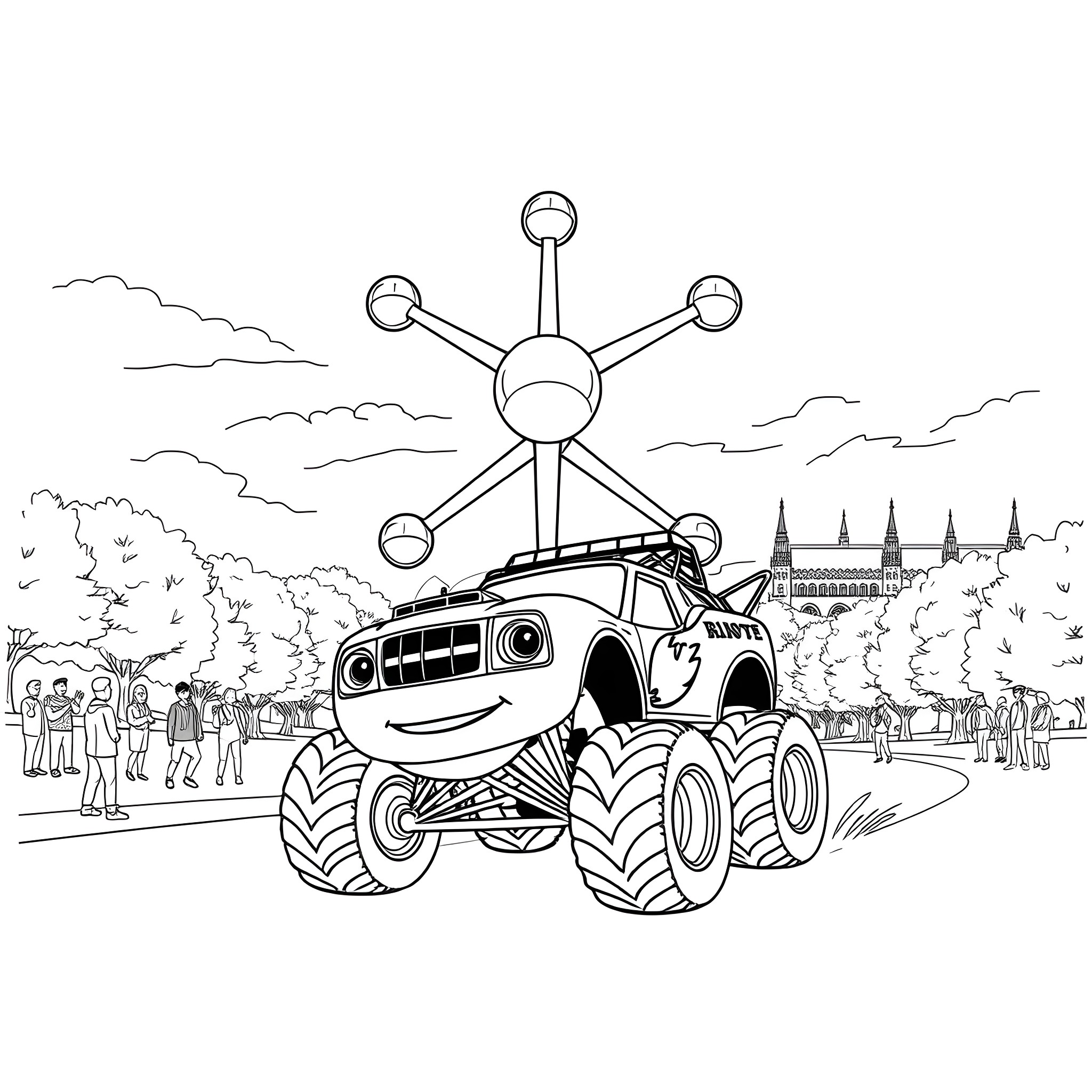 Blaze's Thrilling Monster Truck Adventure Coloring Page (free black-and-white line drawing printable PDF for all, from beginners to advanced learners, including children, teens, adults, and seniors)