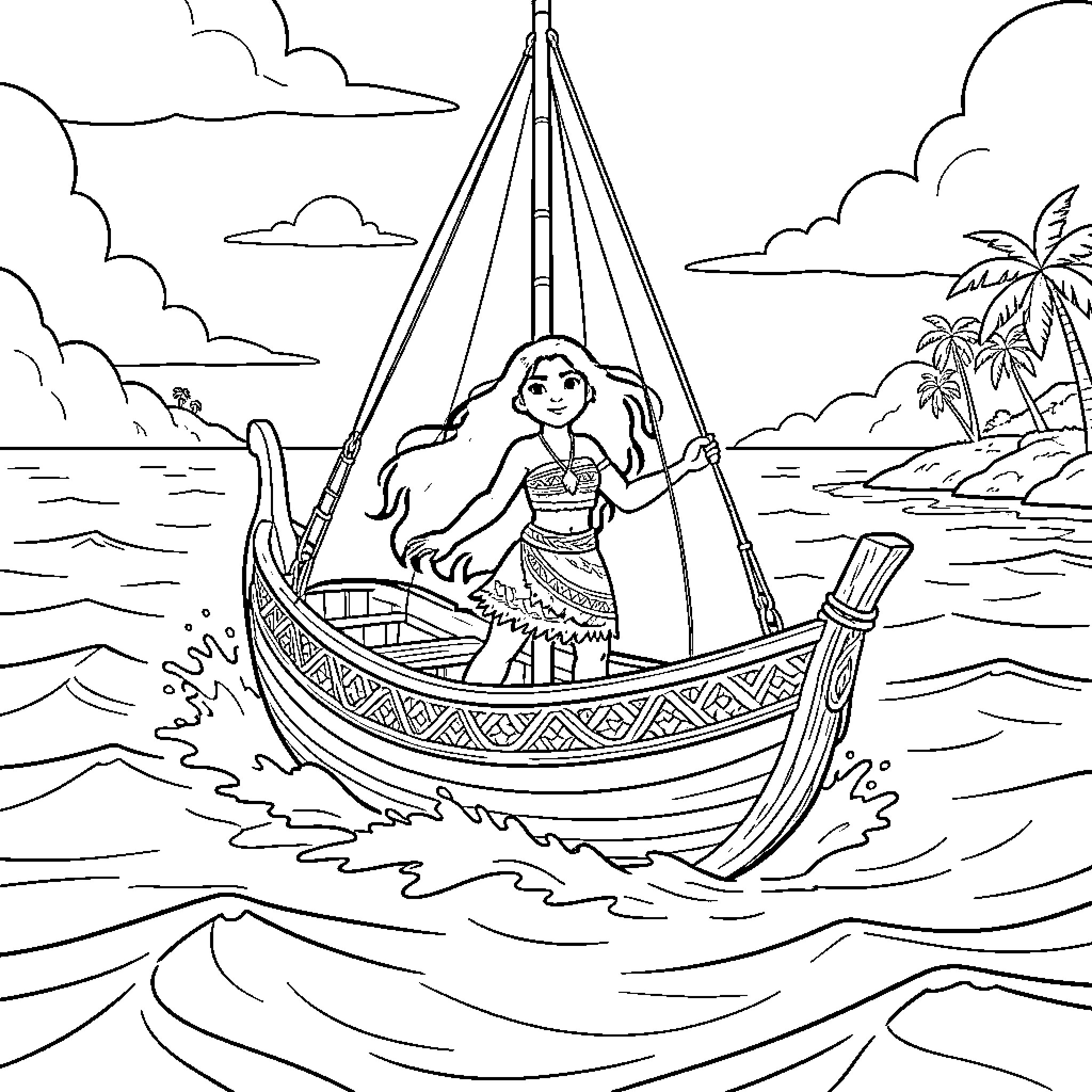 Moana sailing her voyaging canoe through ocean waves Coloring Page (free black-and-white line drawing printable PDF for all, from beginners to advanced learners, including children, teens, adults, and seniors)