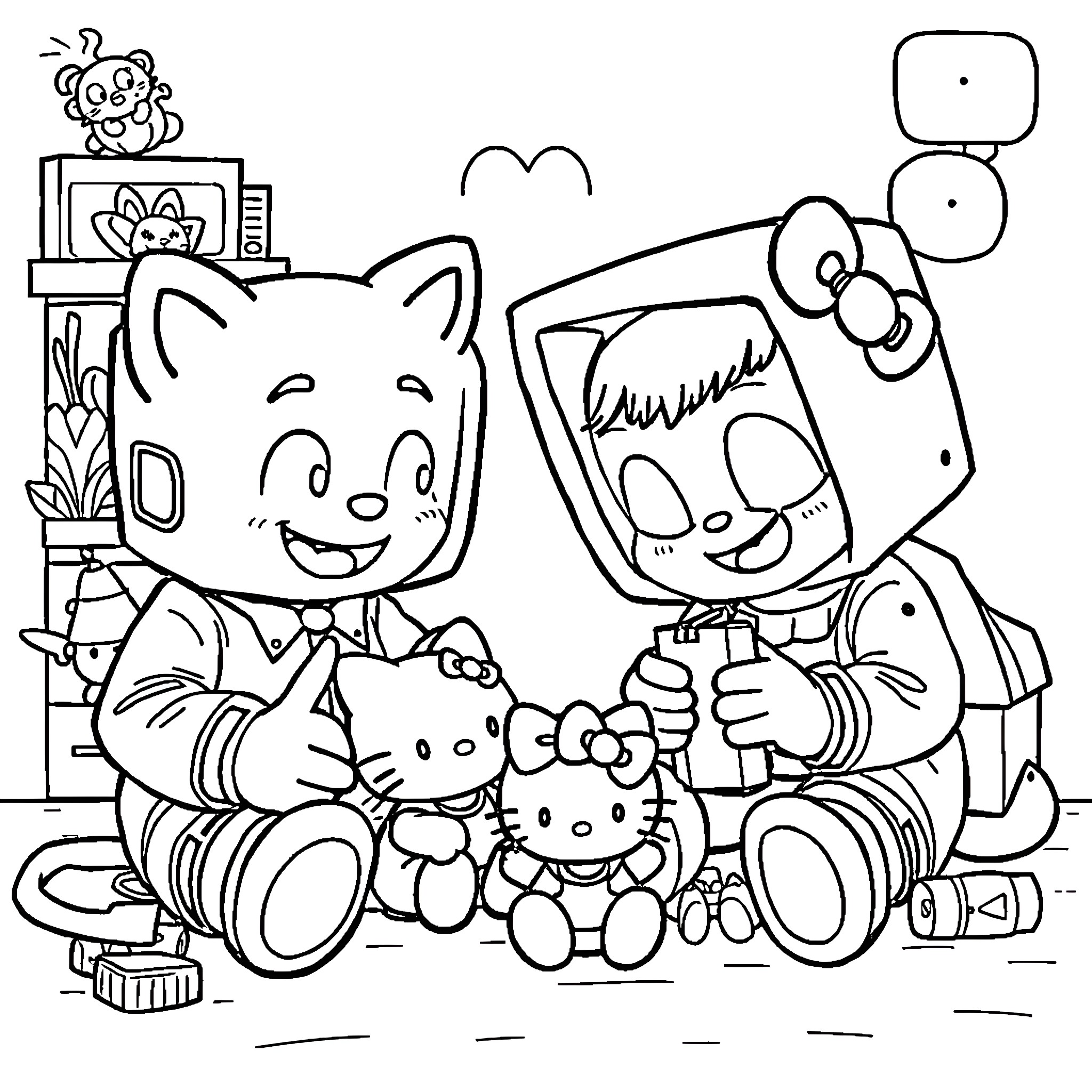 Lanky Box Cartoon Characters Playing Together Coloring Page (free black-and-white line drawing printable PDF for all, from beginners to advanced learners, including children, teens, adults, and seniors)