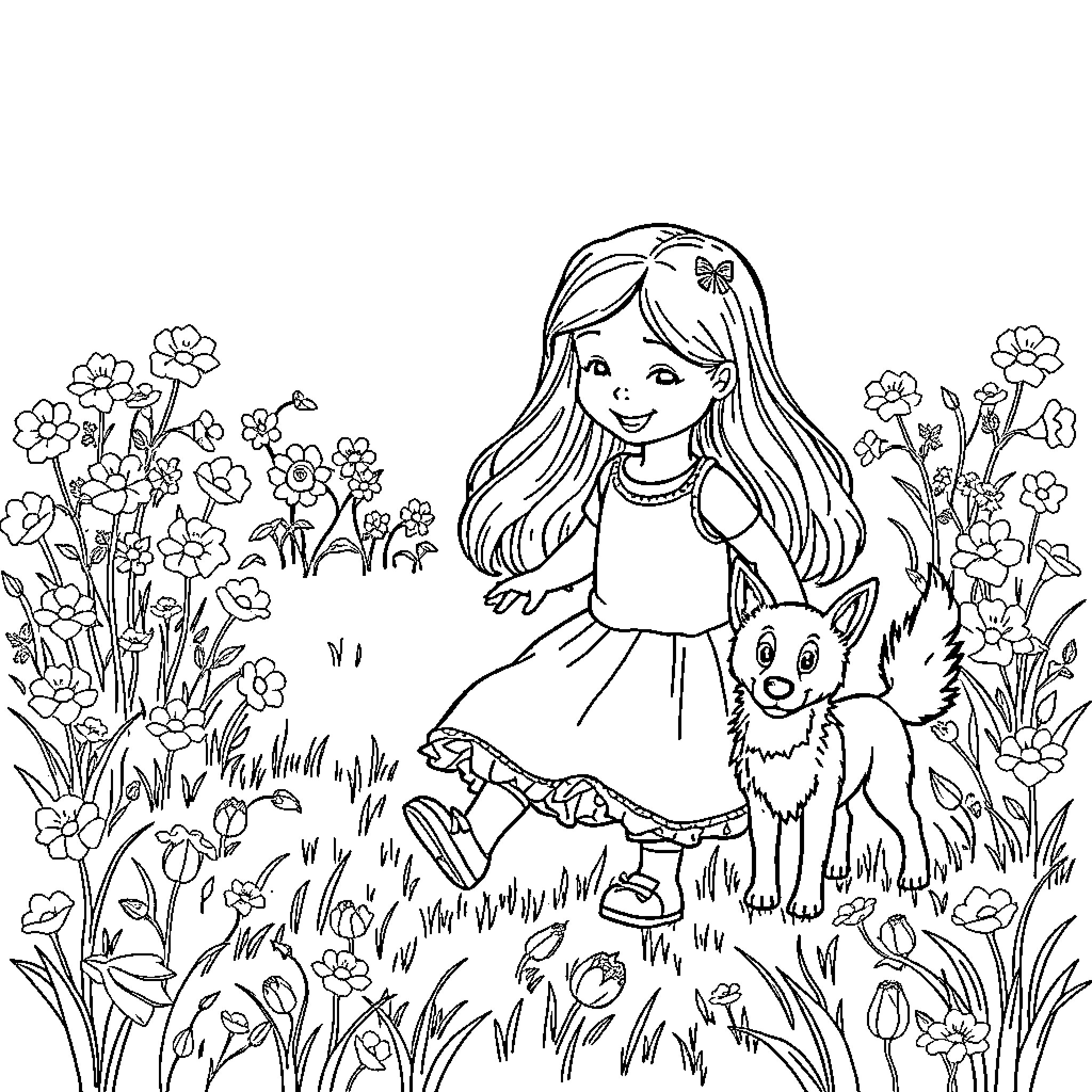 Bambina exploring the flowery meadow with her companion Coloring Page (free black-and-white line drawing printable PDF for all, from beginners to advanced learners, including children, teens, adults, and seniors)