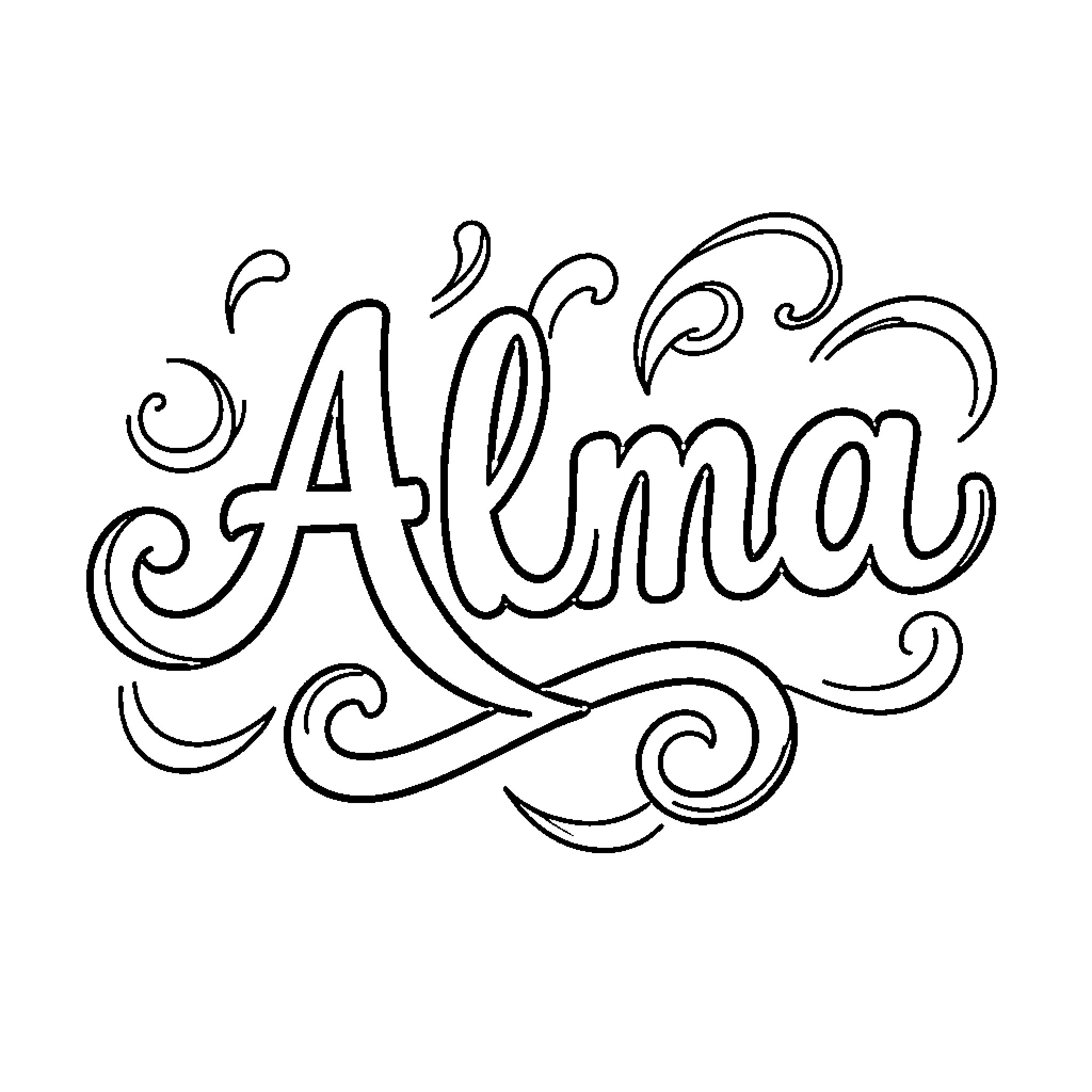 Alma written in decorative swirling script font Coloring Page (free black-and-white line drawing printable PDF for all, from beginners to advanced learners, including children, teens, adults, and seniors)