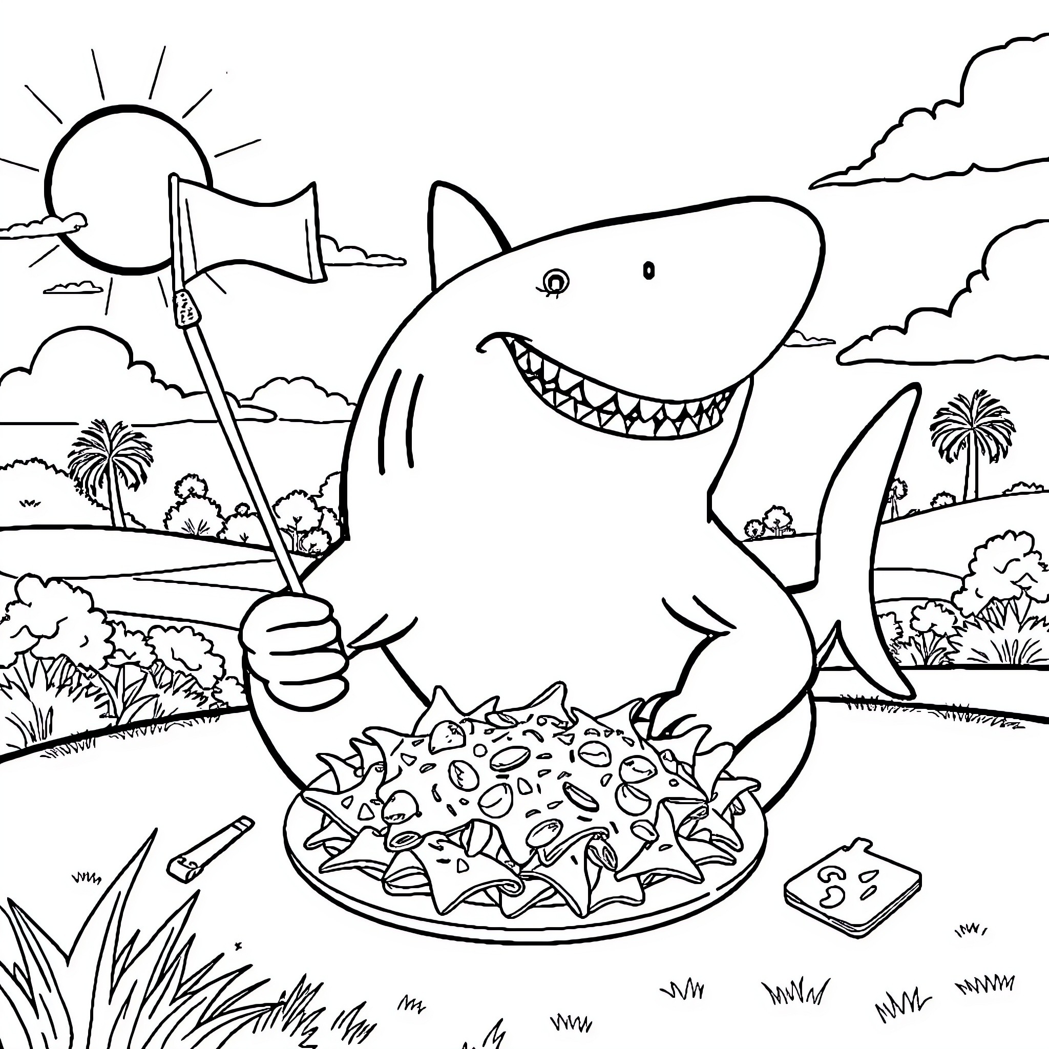 Shark grilling tasty treats on the beach Coloring Page (free black-and-white line drawing printable PDF for all, from beginners to advanced learners, including children, teens, adults, and seniors)