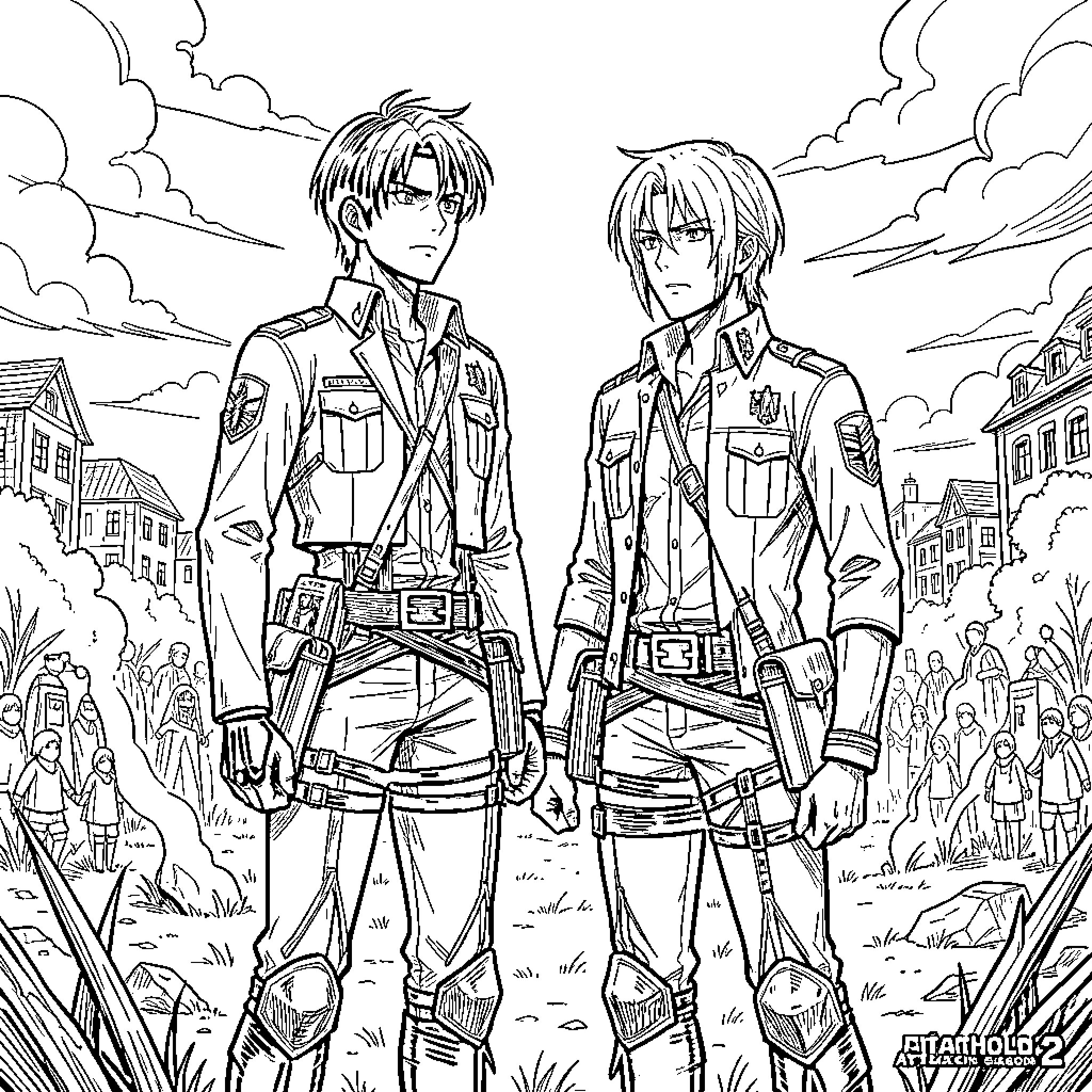 Attack on Titan: Soldiers in Action Coloring Page (free black-and-white line drawing printable PDF for all, from beginners to advanced learners, including children, teens, adults, and seniors)