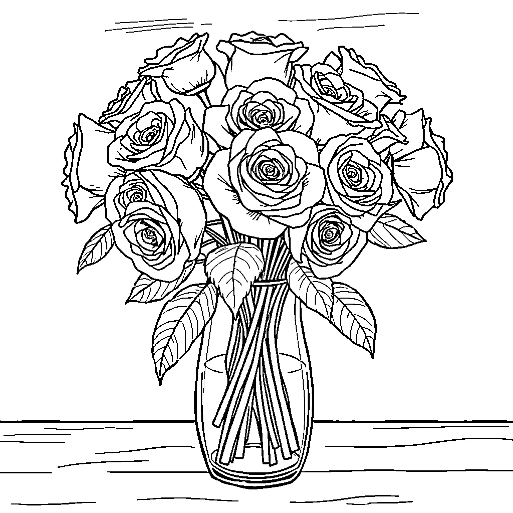 Rose Bouquet in Glass Vase Coloring Page (free black-and-white line drawing printable PDF for all, from beginners to advanced learners, including children, teens, adults, and seniors)