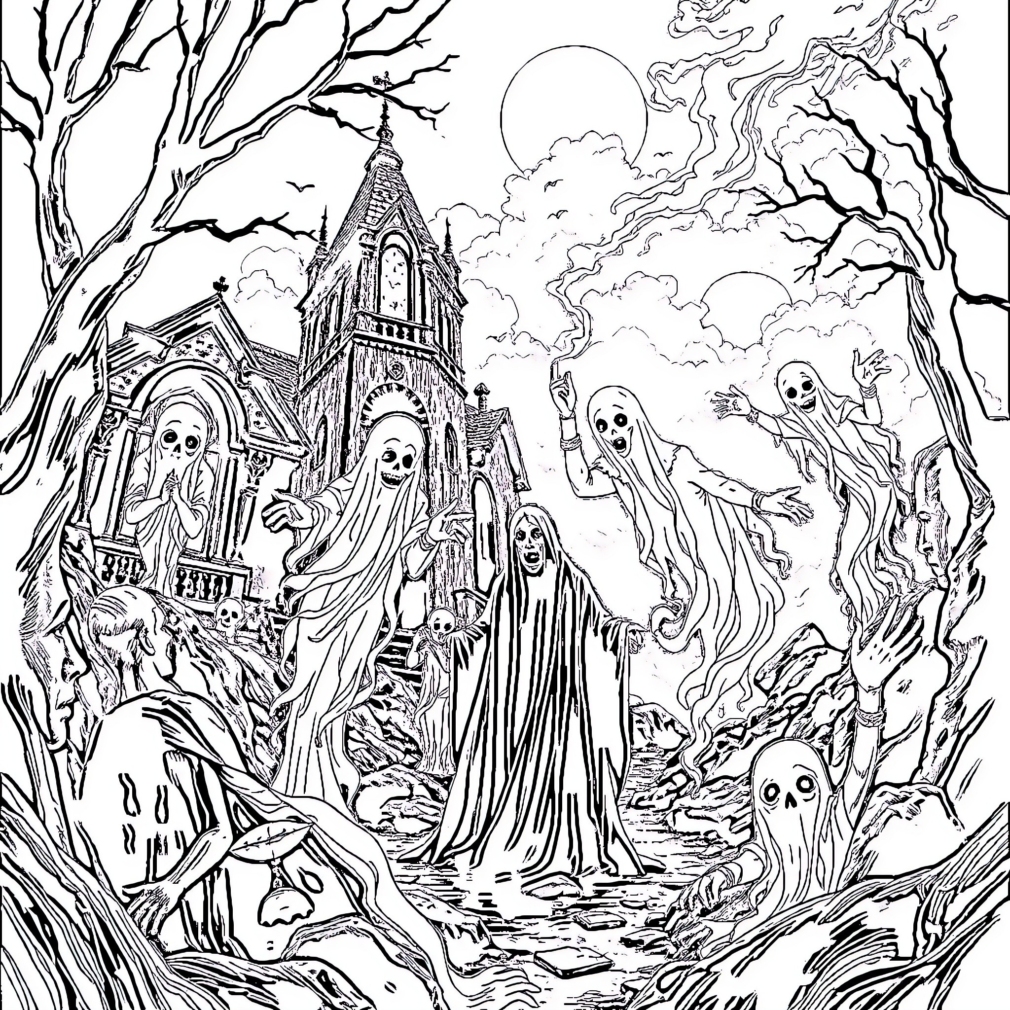 Supernatural Phantoms Emerge from Haunted Church Coloring Page (free black-and-white line drawing printable PDF for all, from beginners to advanced learners, including children, teens, adults, and seniors)