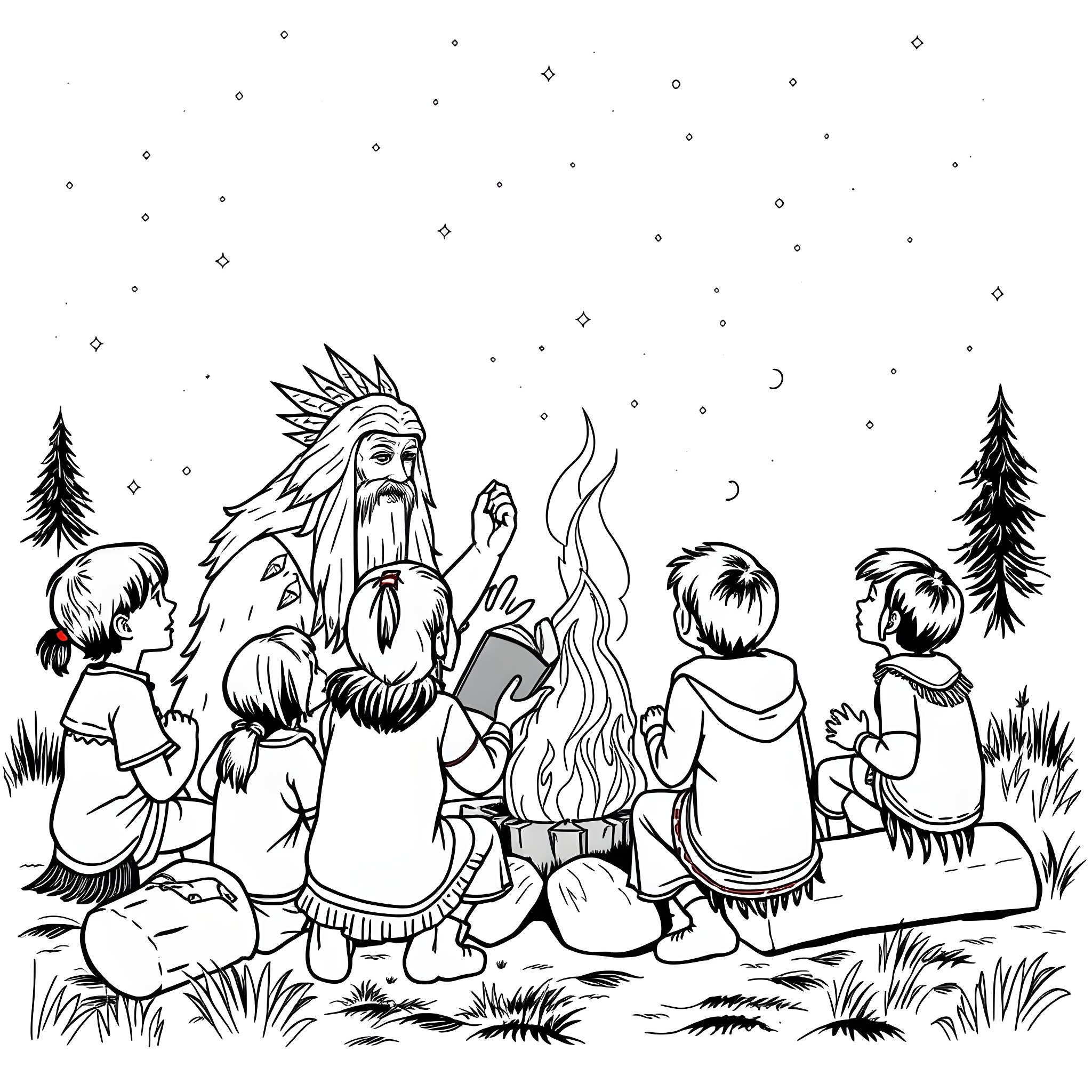 Spirit of the Elders Gathering with Children in the Forest Coloring Page (free black-and-white line drawing printable PDF for all, from beginners to advanced learners, including children, teens, adults, and seniors)