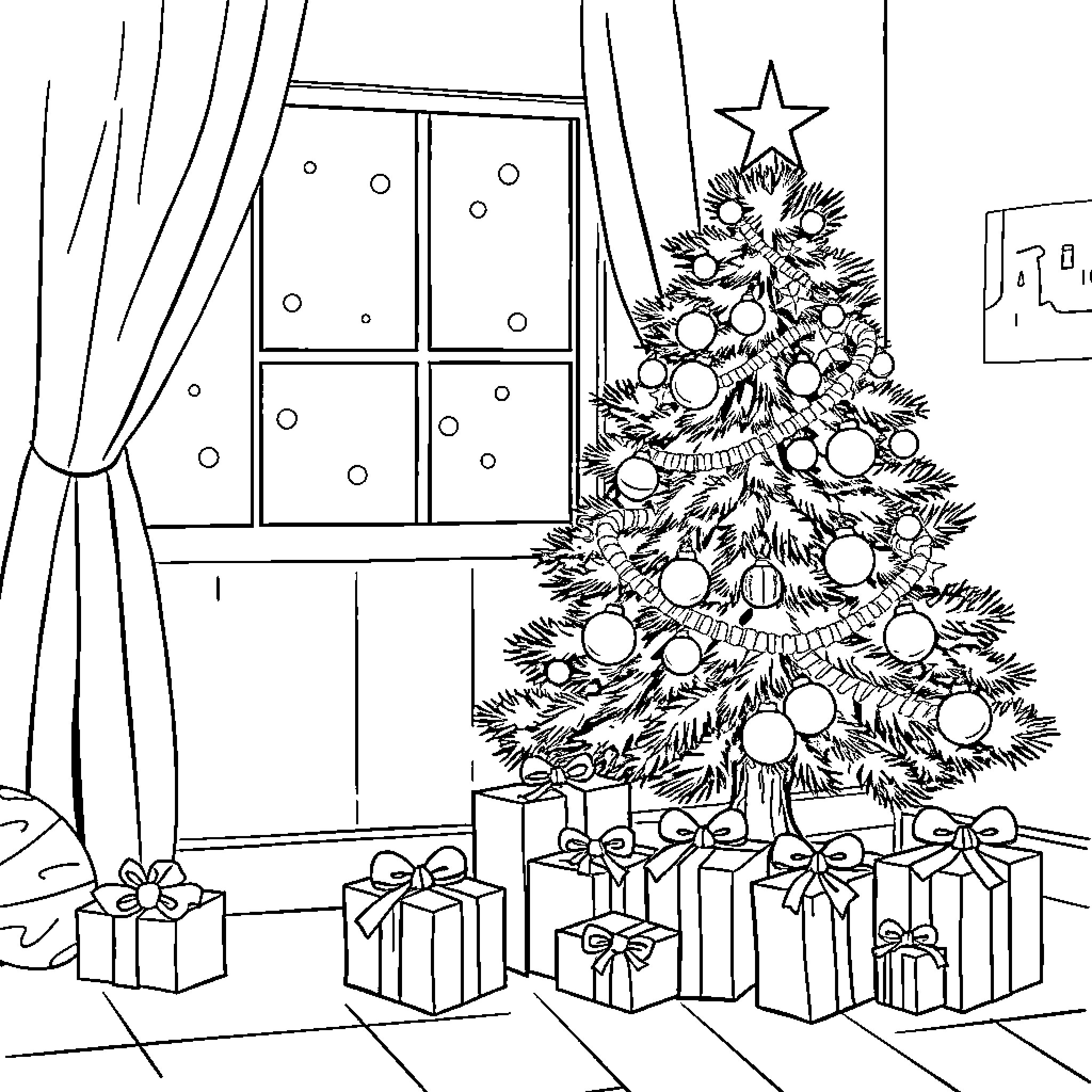 Christmas decorations and presents in cozy home Coloring Page (free black-and-white line drawing printable PDF for all, from beginners to advanced learners, including children, teens, adults, and seniors)