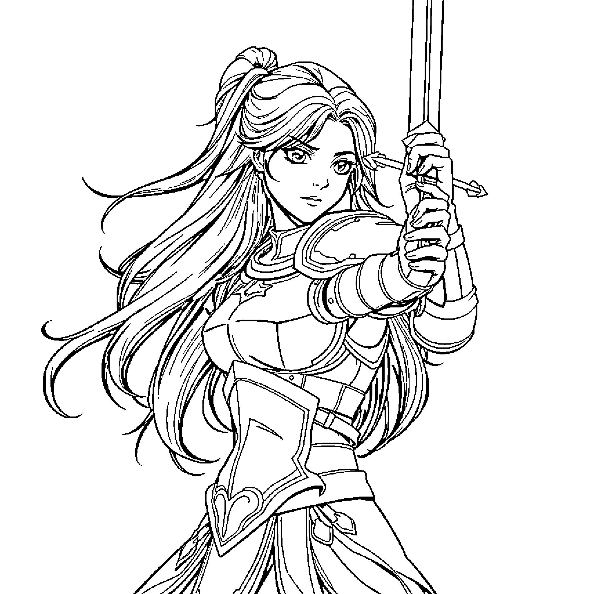 Manga Warrior in Fierce Battle Stance Coloring Page (free black-and-white line drawing printable PDF for all, from beginners to advanced learners, including children, teens, adults, and seniors)