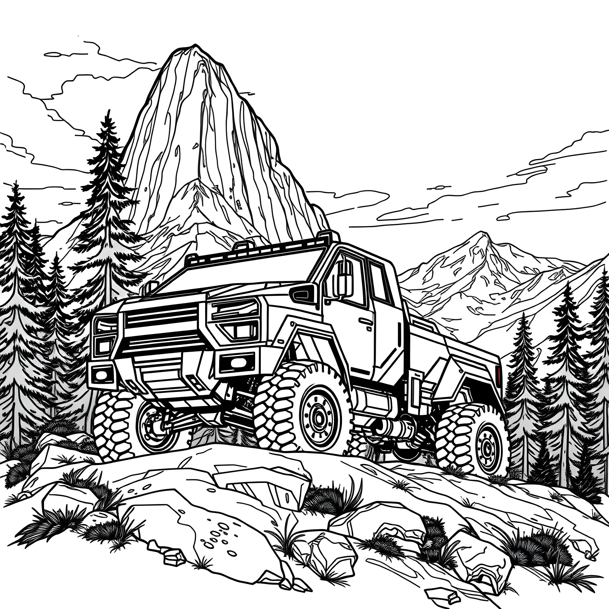 Cyber Truck traversing rugged mountain terrain Coloring Page (free black-and-white line drawing printable PDF for all, from beginners to advanced learners, including children, teens, adults, and seniors)
