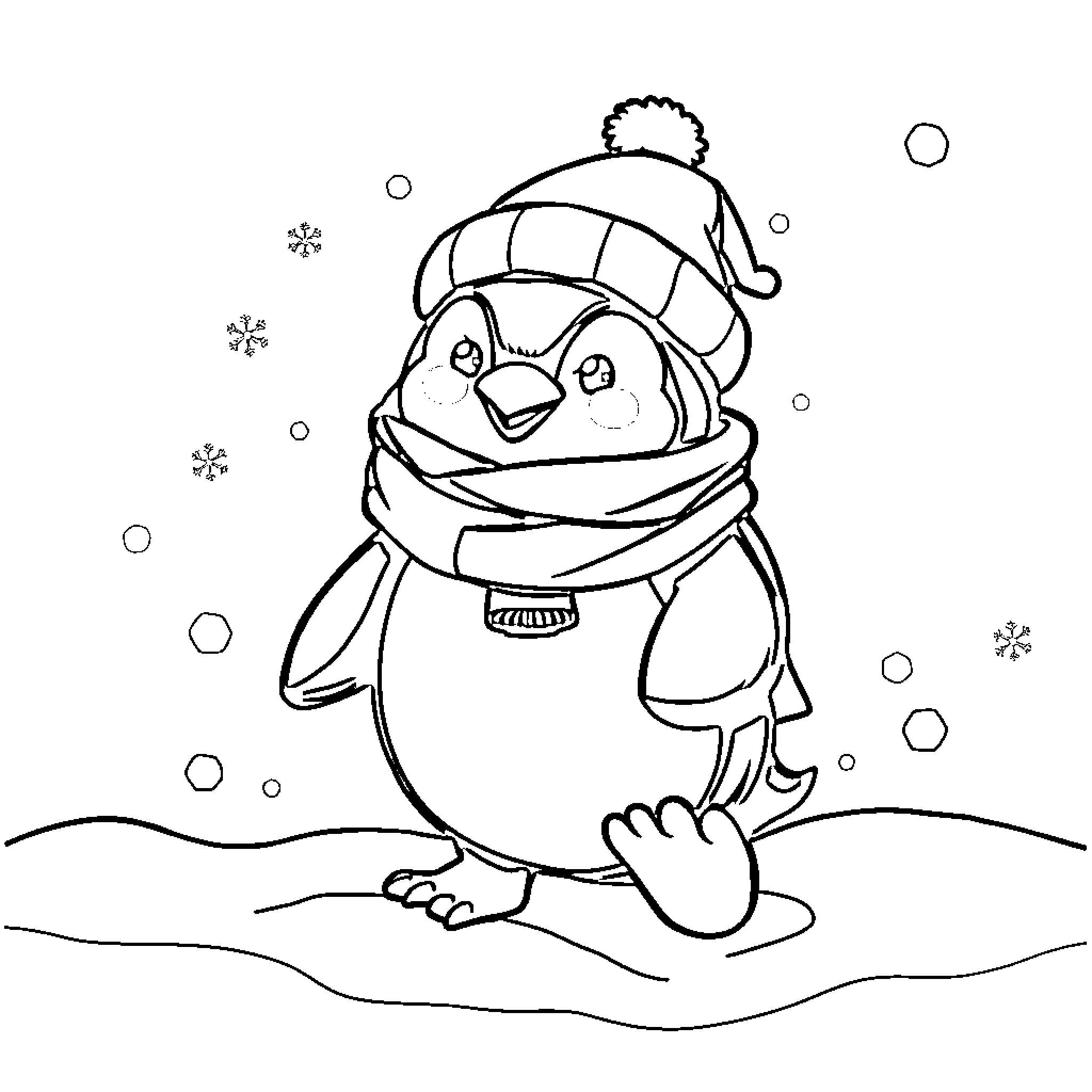 Penguin playing in the snow with winter attire Coloring Page (free black-and-white line drawing printable PDF for all, from beginners to advanced learners, including children, teens, adults, and seniors)