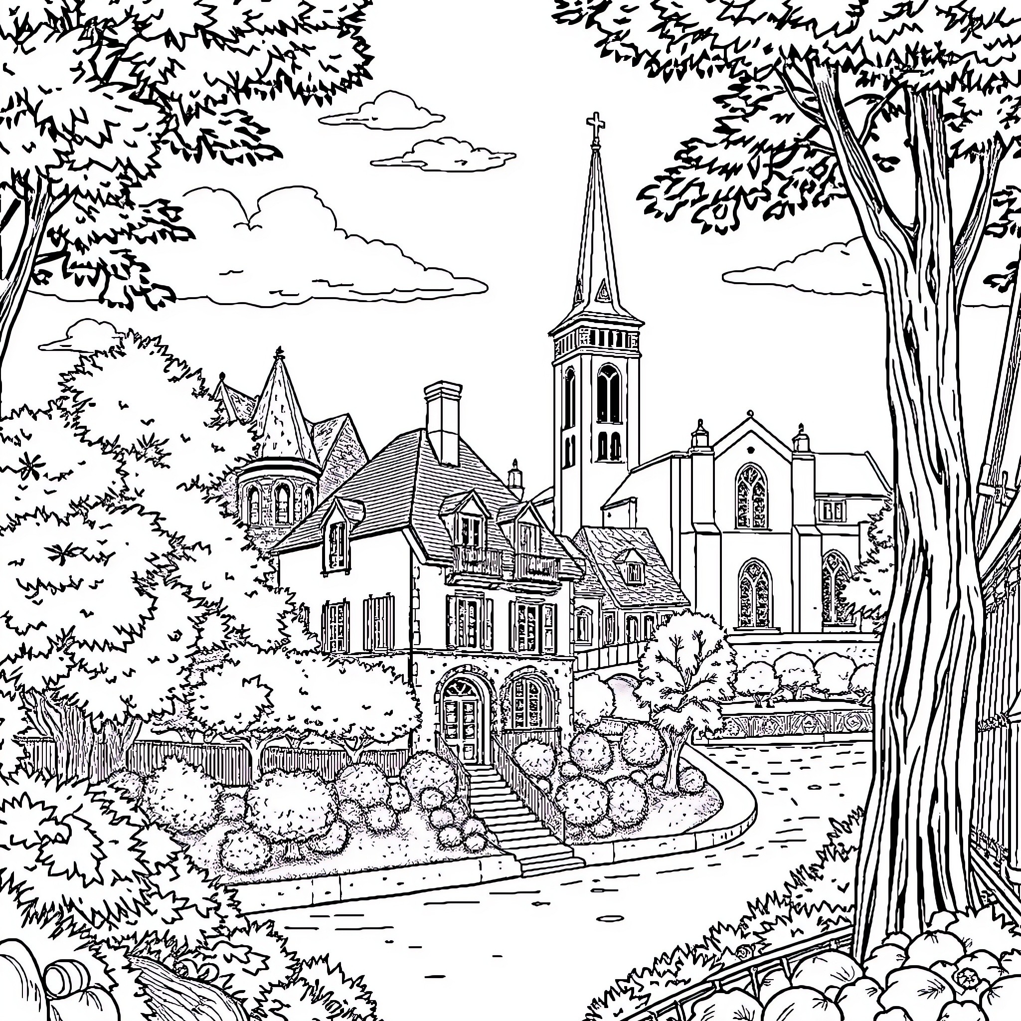 Soulac: Picturesque Village Scene with Historic Architecture Coloring Page (free black-and-white line drawing printable PDF for all, from beginners to advanced learners, including children, teens, adults, and seniors)