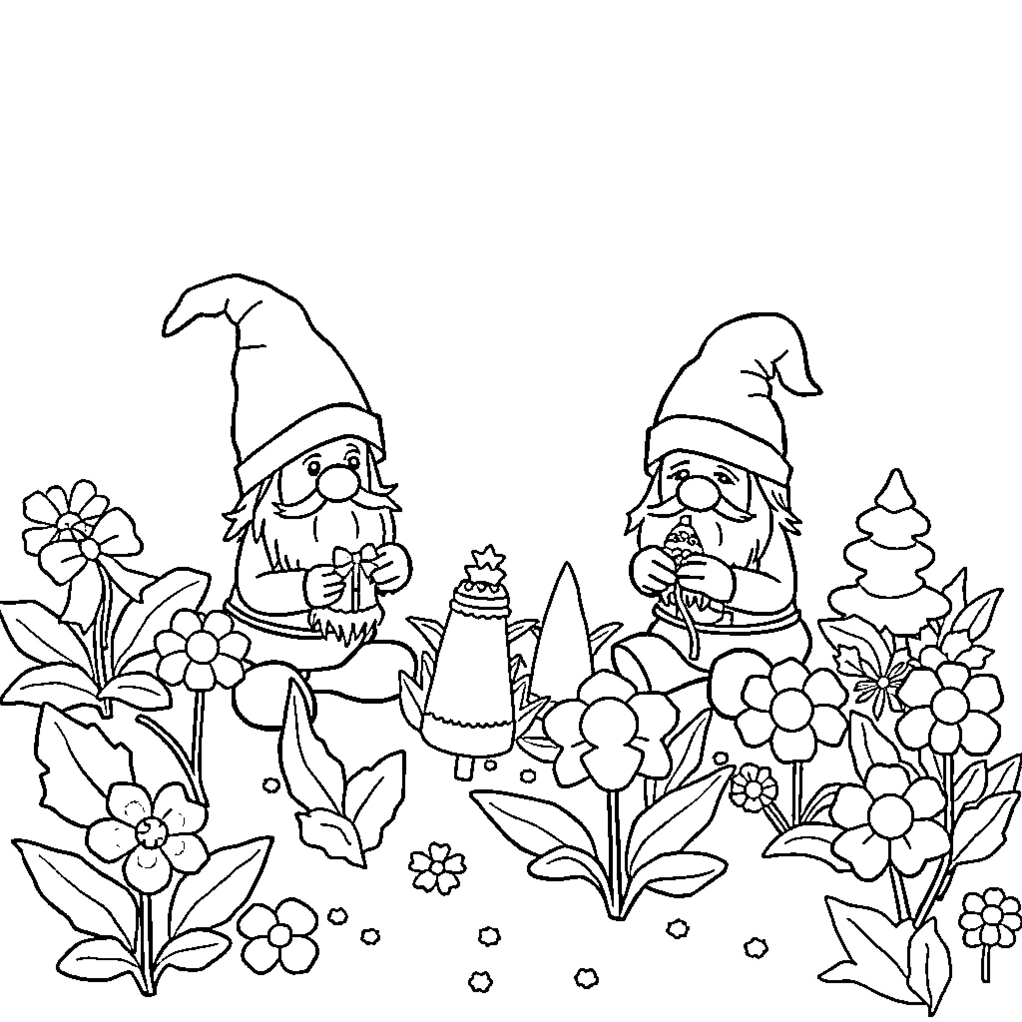 Gnome Friends Enjoying Floral Garden Coloring Page (free black-and-white line drawing printable PDF for all, from beginners to advanced learners, including children, teens, adults, and seniors)