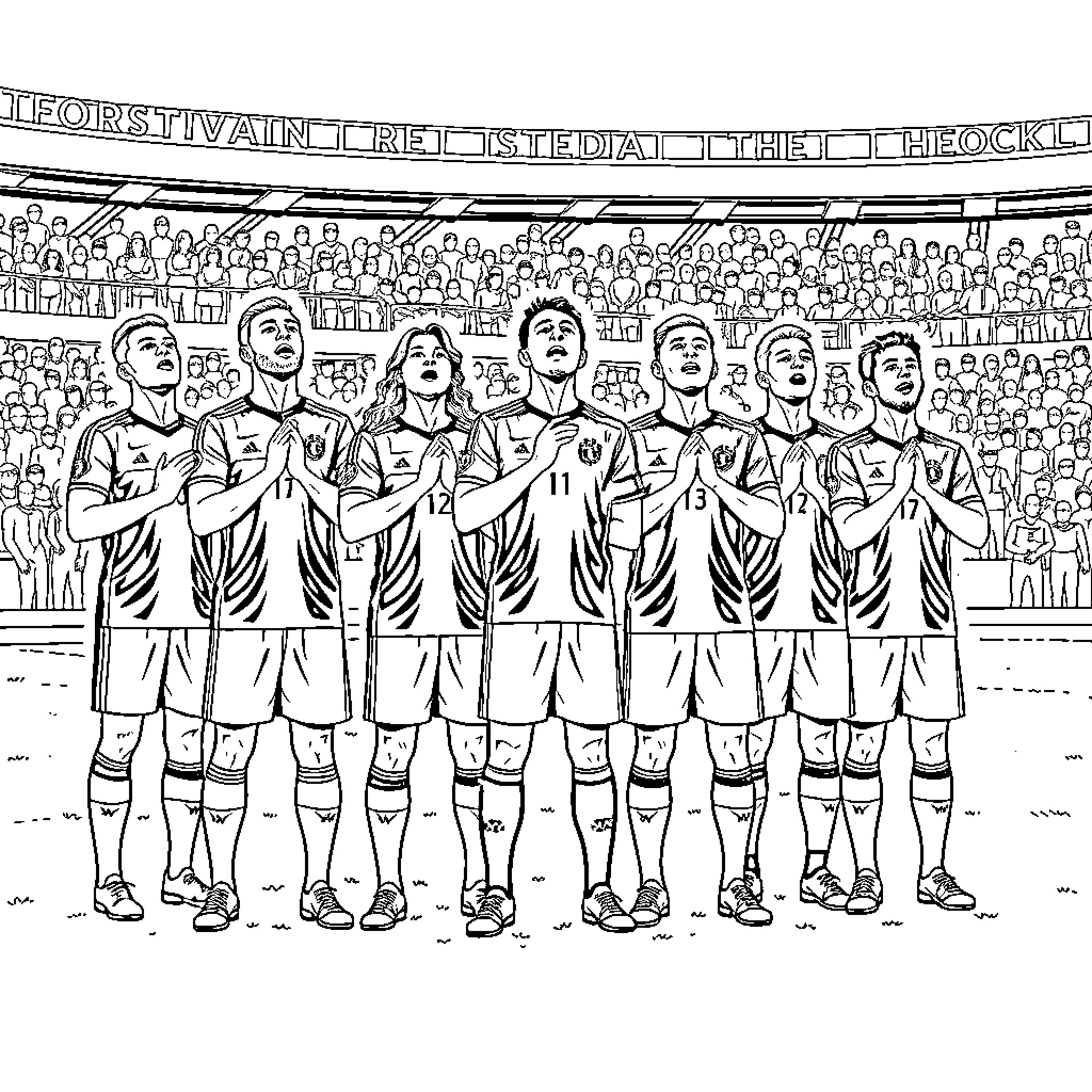 Football Team Standing Together on the Field Coloring Page (free black-and-white line drawing printable PDF for all, from beginners to advanced learners, including children, teens, adults, and seniors)