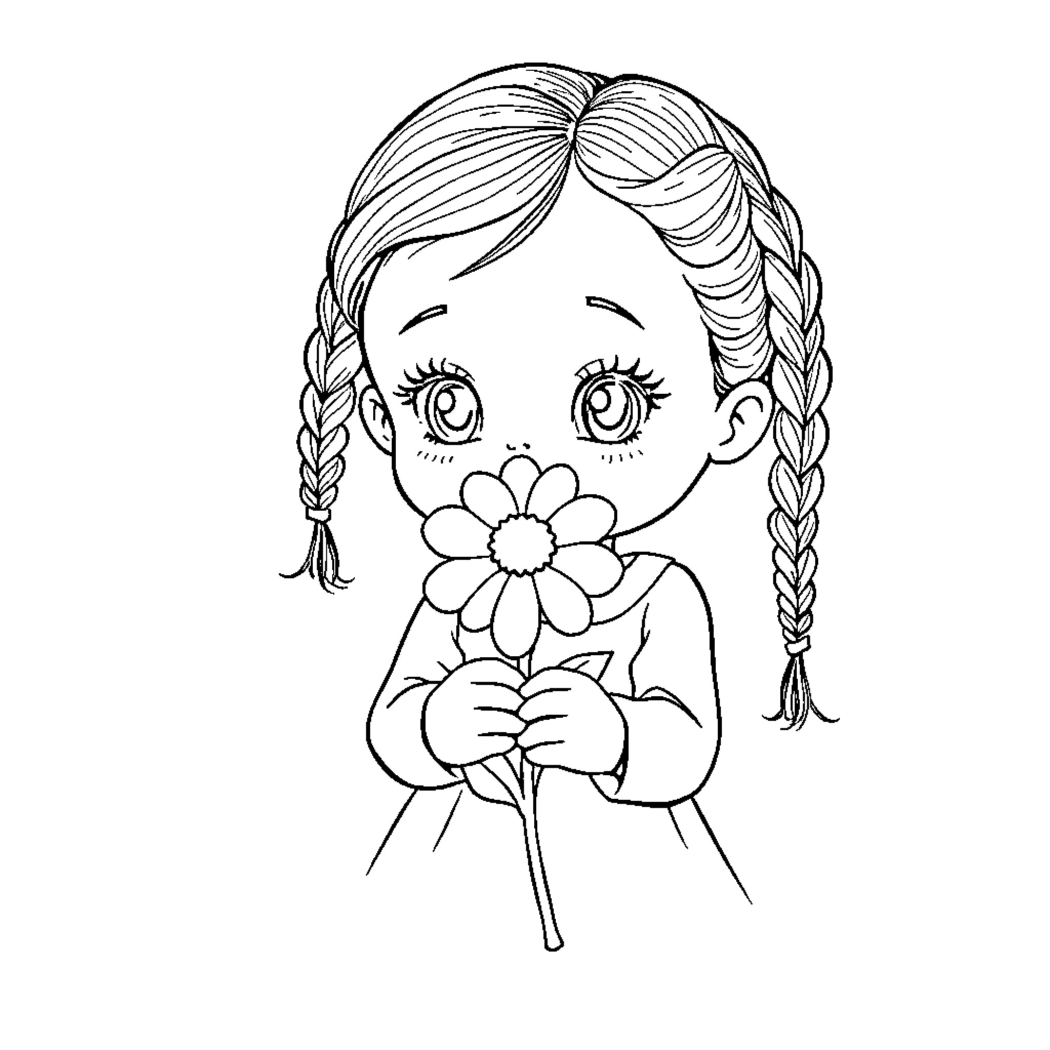 Girl holding a flower with a happy expression Coloring Page (free black-and-white line drawing printable PDF for all, from beginners to advanced learners, including children, teens, adults, and seniors)