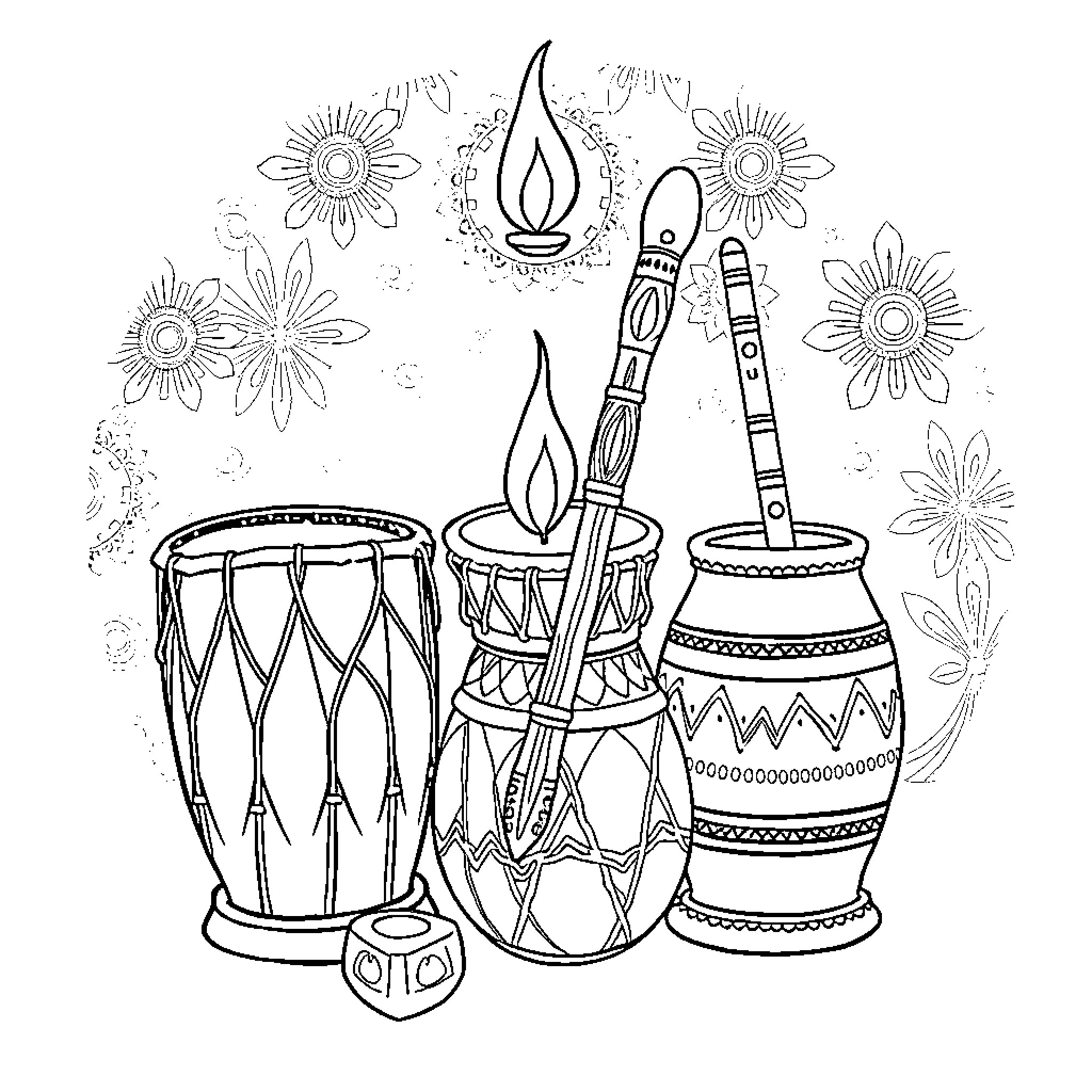 Instrument artistic display with floral details Coloring Page (free black-and-white line drawing printable PDF for all, from beginners to advanced learners, including children, teens, adults, and seniors)